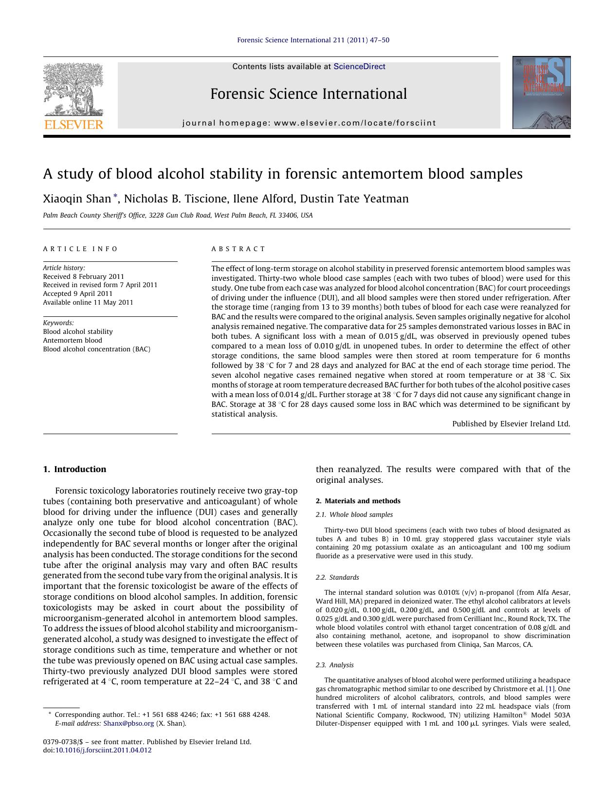 A study of blood alcohol stability in forensic antemortem blood samples by Xiaoqin Shan