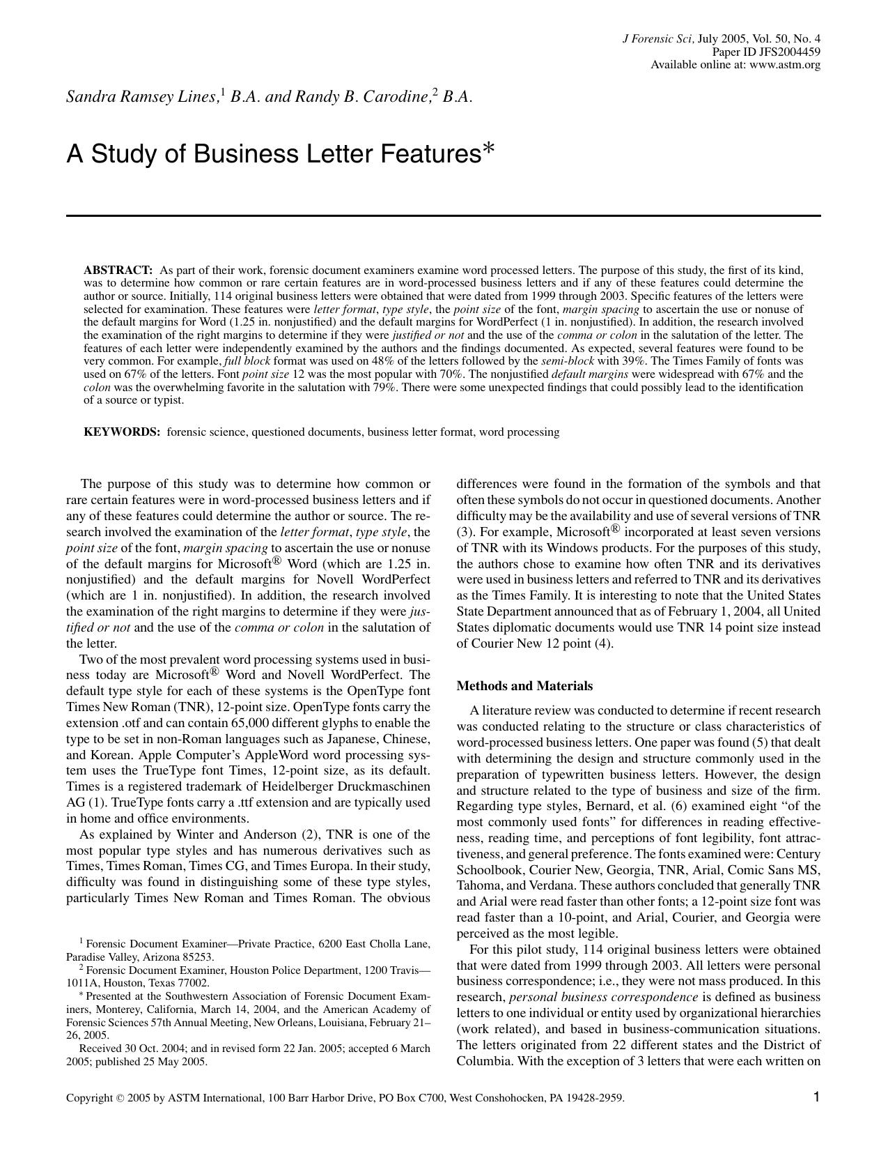 A study of business letter features by Lines SR Carodine RB