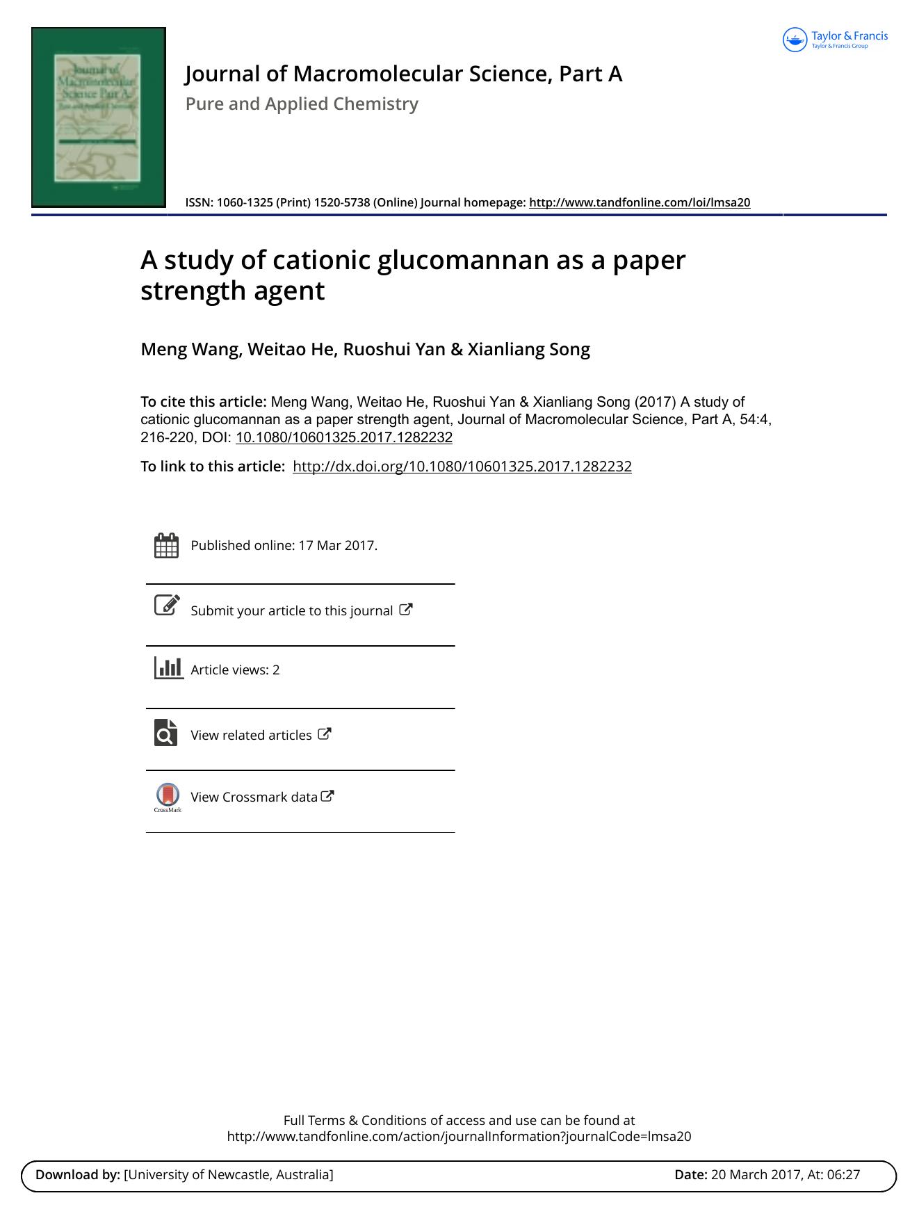 A study of cationic glucomannan as a paper strength agent by Meng Wang & Weitao He & Ruoshui Yan & Xianliang Song