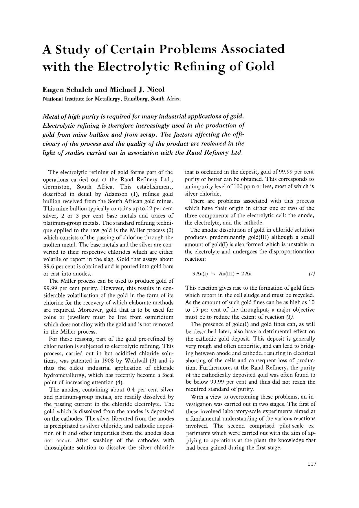 A study of certain problems associated with the electrolytic refining of gold by Unknown