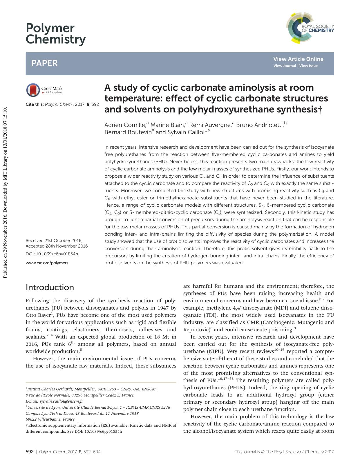 A study of cyclic carbonate aminolysis at room temperature: effect of cyclic carbonate structures and solvents on polyhydroxyurethane synthesis by Adrien Cornille Marine Blain Rémi Auvergne Bruno Andrioletti Bernard Boutevin Sylvain Caillol