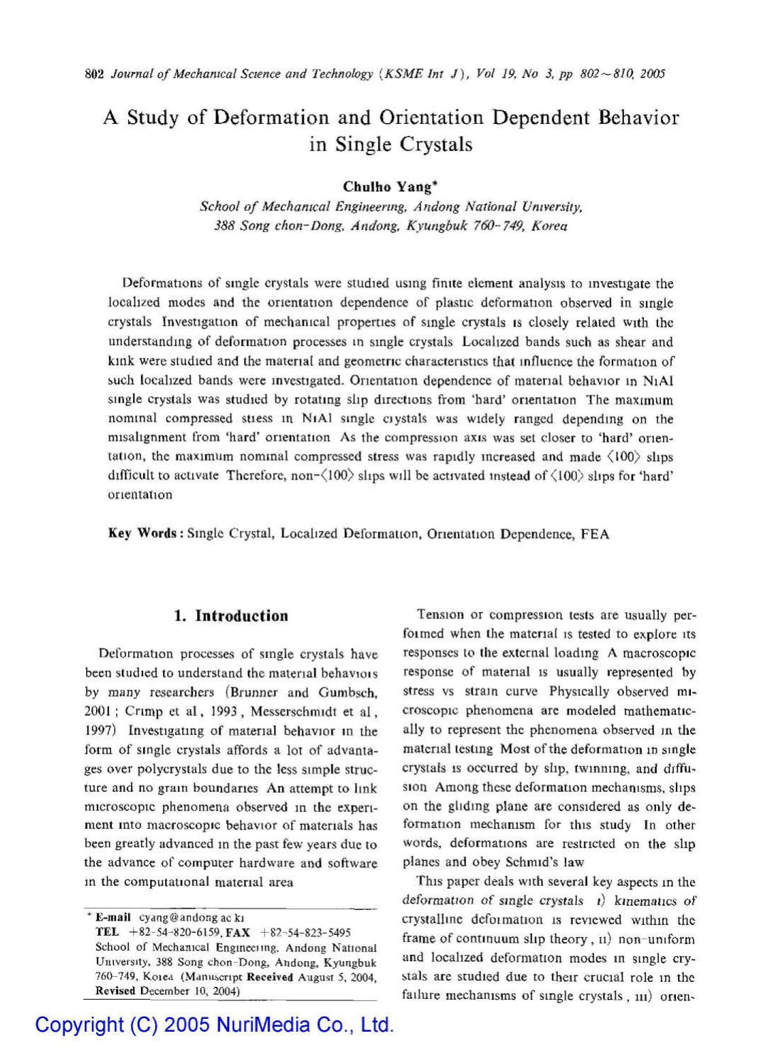 A study of deformation and orientation dependent behavior in single crystals by Unknown