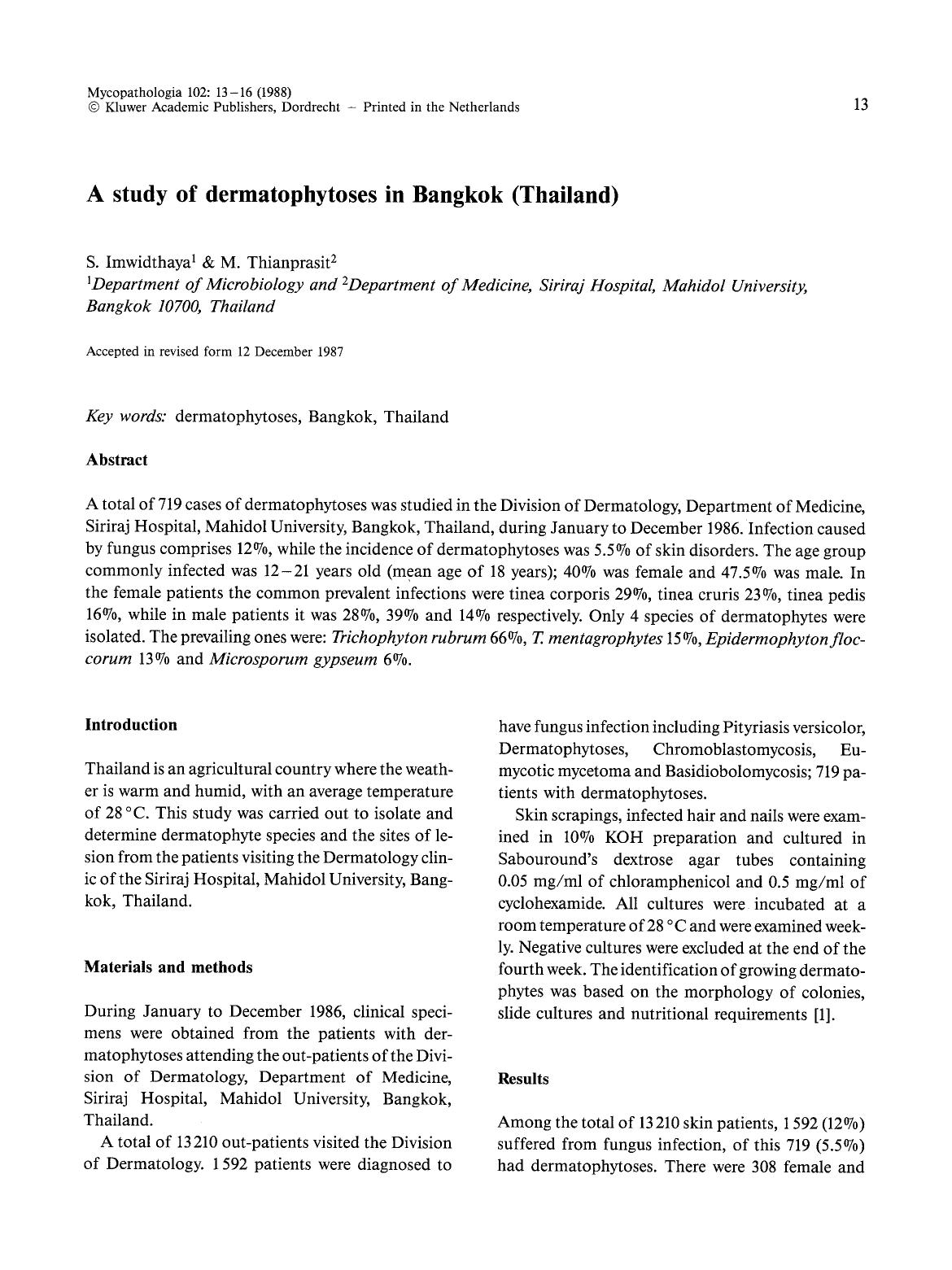 A study of dermatophytoses in Bangkok (Thailand) by Unknown