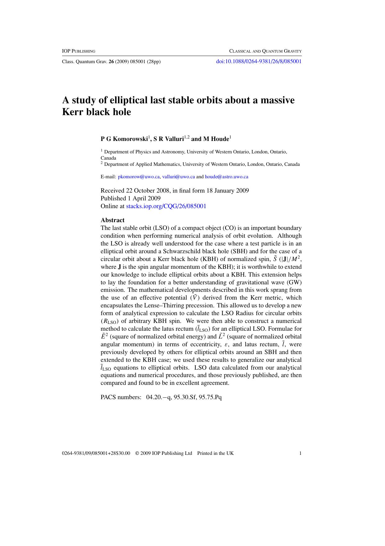 A study of elliptical last stable orbits about a massive Kerr black hole by P G Komorowski et al