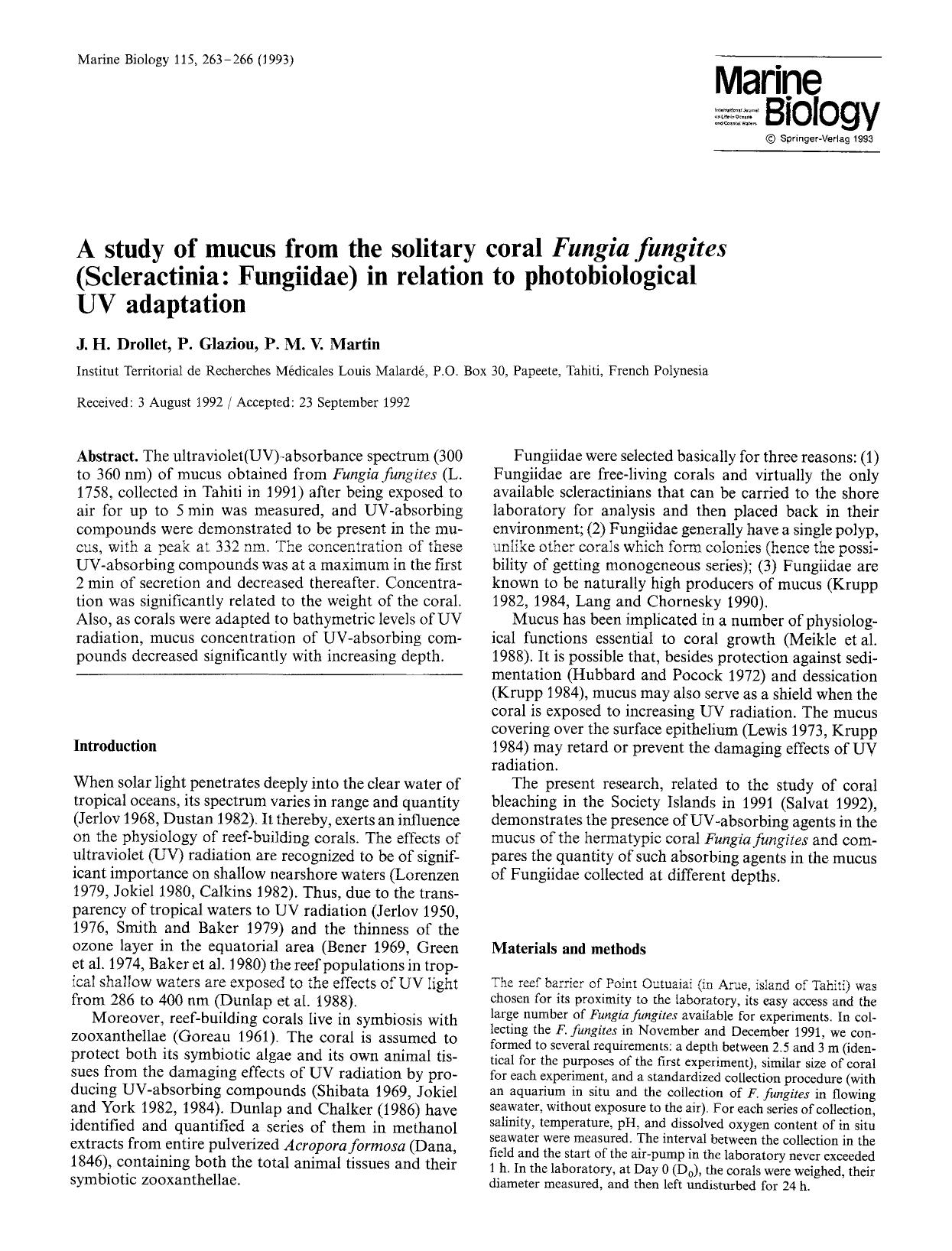 A study of mucus from the solitary coral <Emphasis Type="Italic">Fungia fungites<Emphasis> (Scleractinia: Fungiidae) in relation to photobiological UV adaptation by Unknown