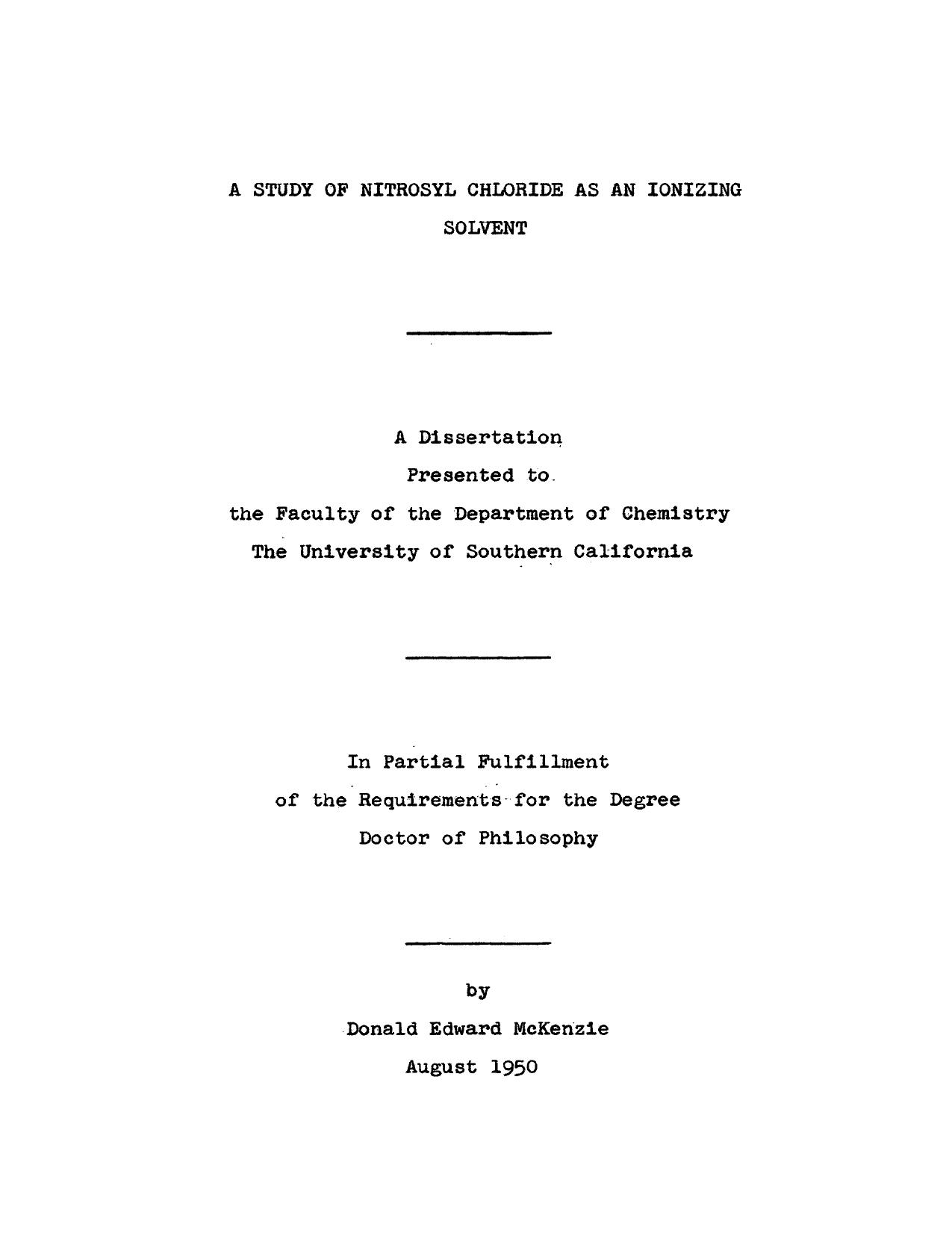 A study of nitrosyl chloride as an ionizing solvent by McKenzie Donald Edward