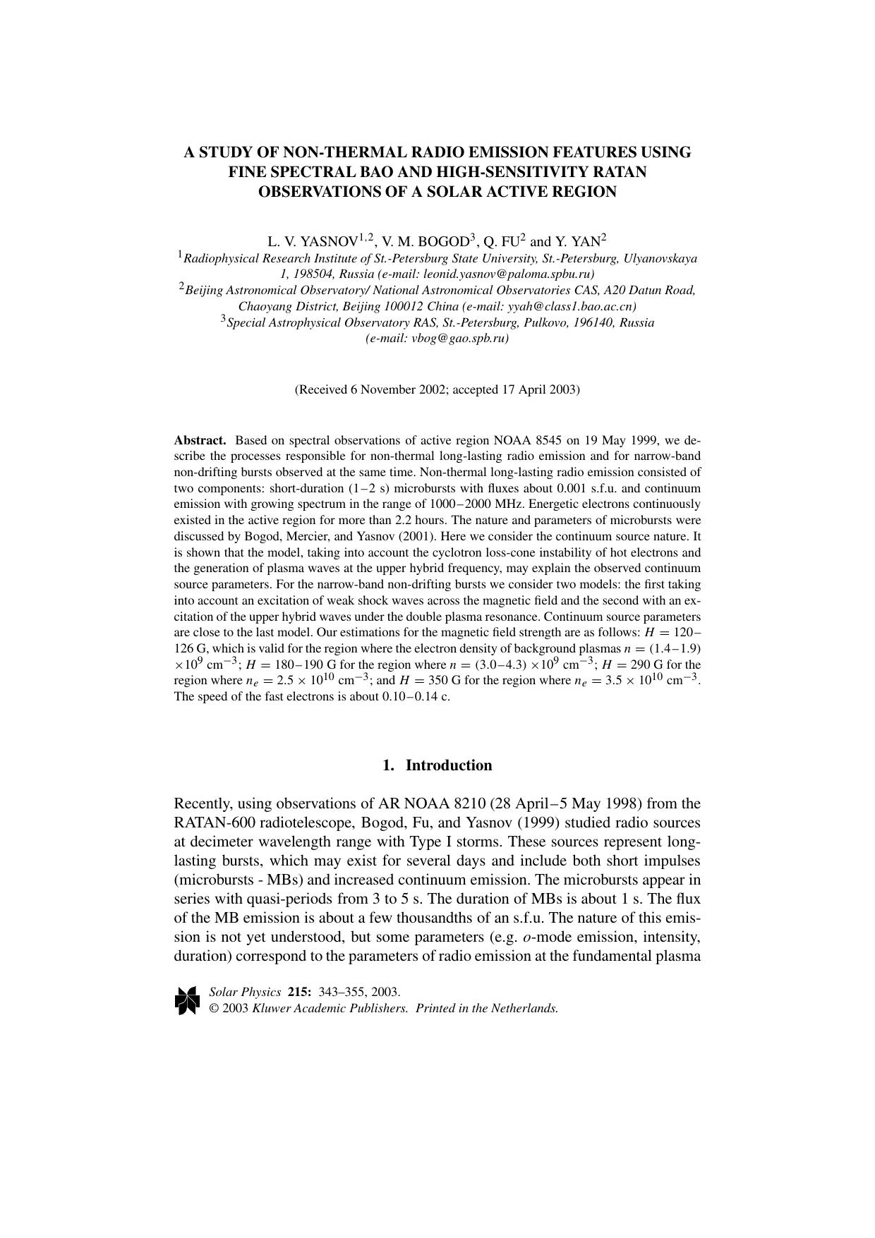 A study of non-thermal radio emission features using fine spectral BAO and high-sensitivity RATAN observations of a solar active region by Unknown