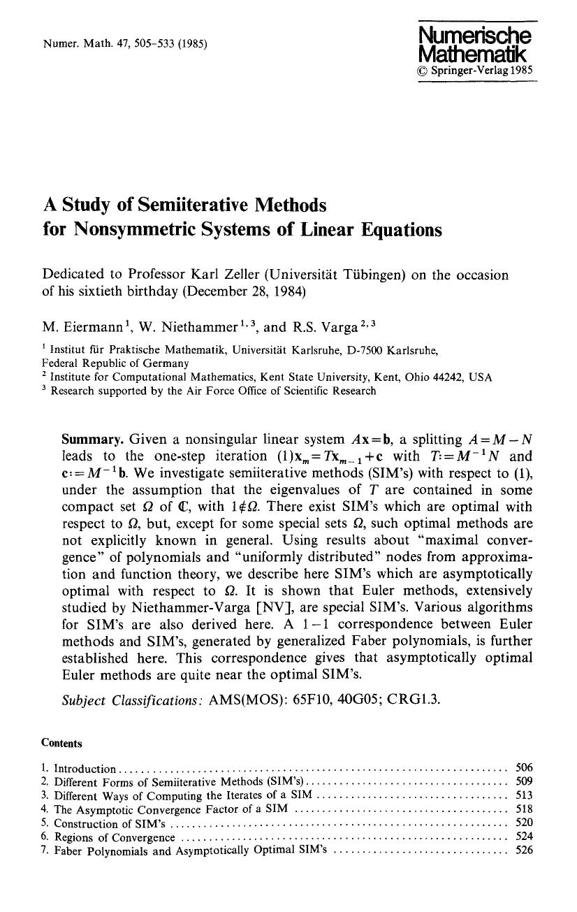 A study of semiiterative methods for nonsymmetric systems of linear equations by Unknown