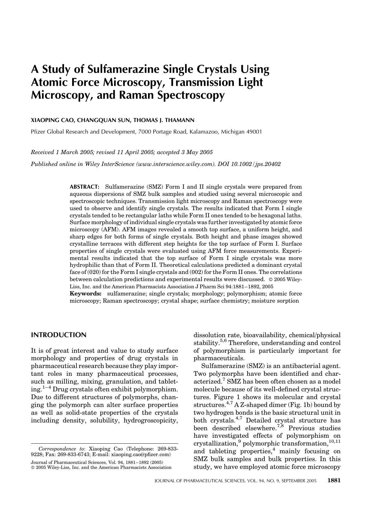 A study of sulfamerazine single crystals using atomic force microscopy, transmission light microscopy, and Raman spectroscopy by Unknown
