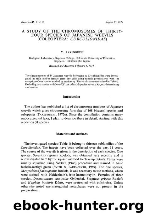 A study of the chromosomes of thirty-four species of Japanese weevils (Coleoptera: <Emphasis Type="Italic">Curculionidae <Emphasis>) by Unknown