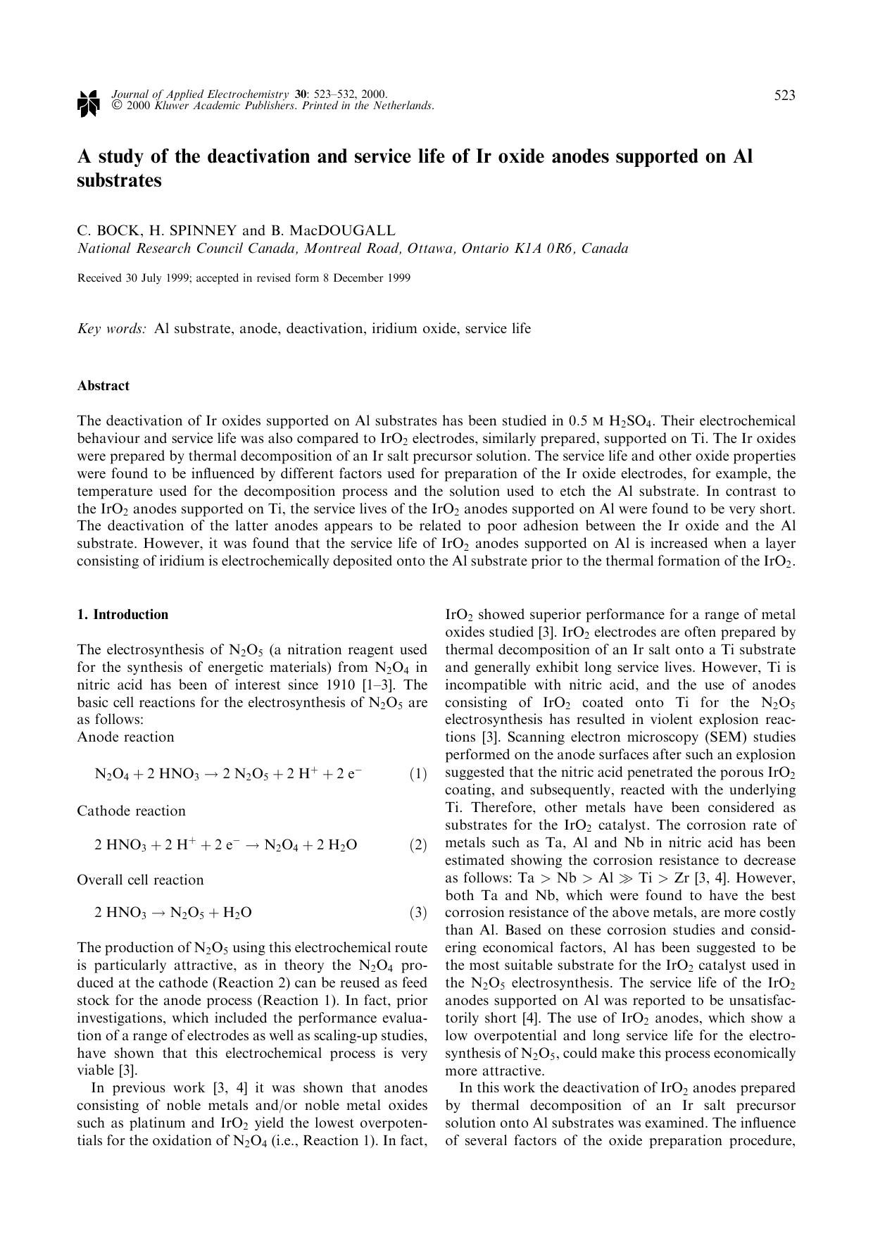 A study of the deactivation and service life of Ir oxide anodes supported on Al substrates by Unknown