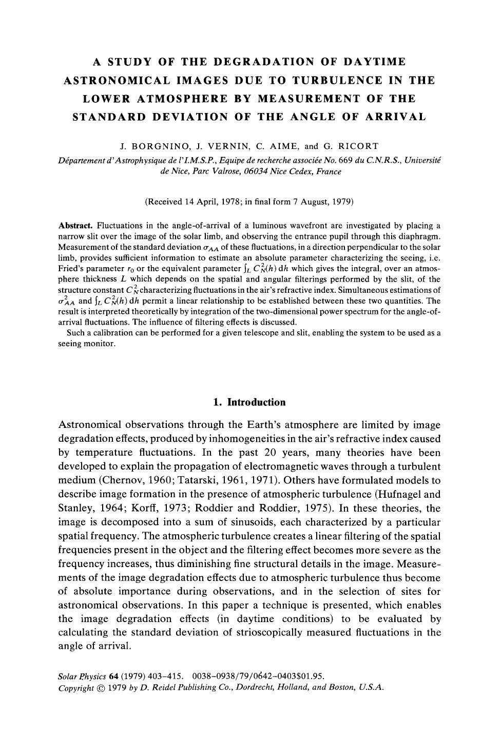 A study of the degradation of daytime astronomical images due to turbulence in the lower atmosphere by measurement of the standard deviation of the angle of arrival by Unknown