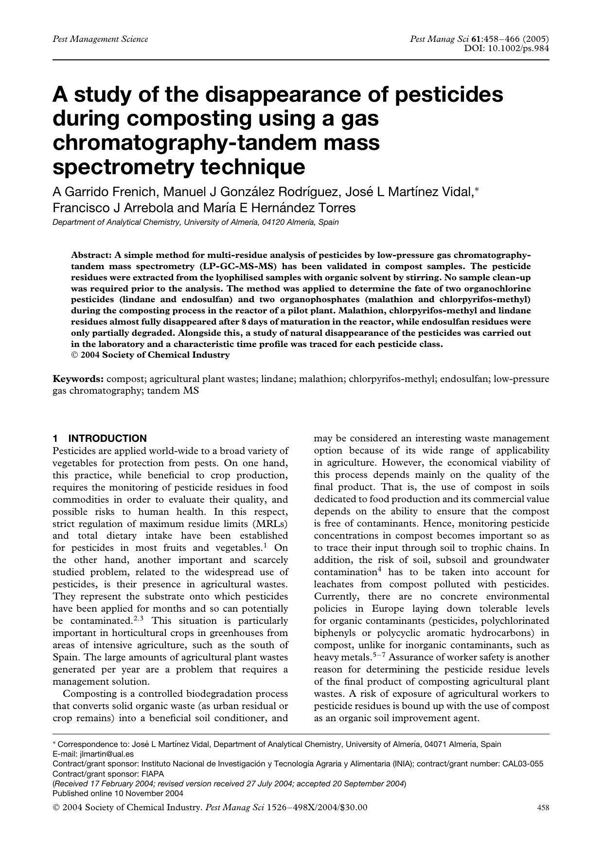 A study of the disappearance of pesticides during composting using a gas chromatography-tandem mass spectrometry technique by Unknown
