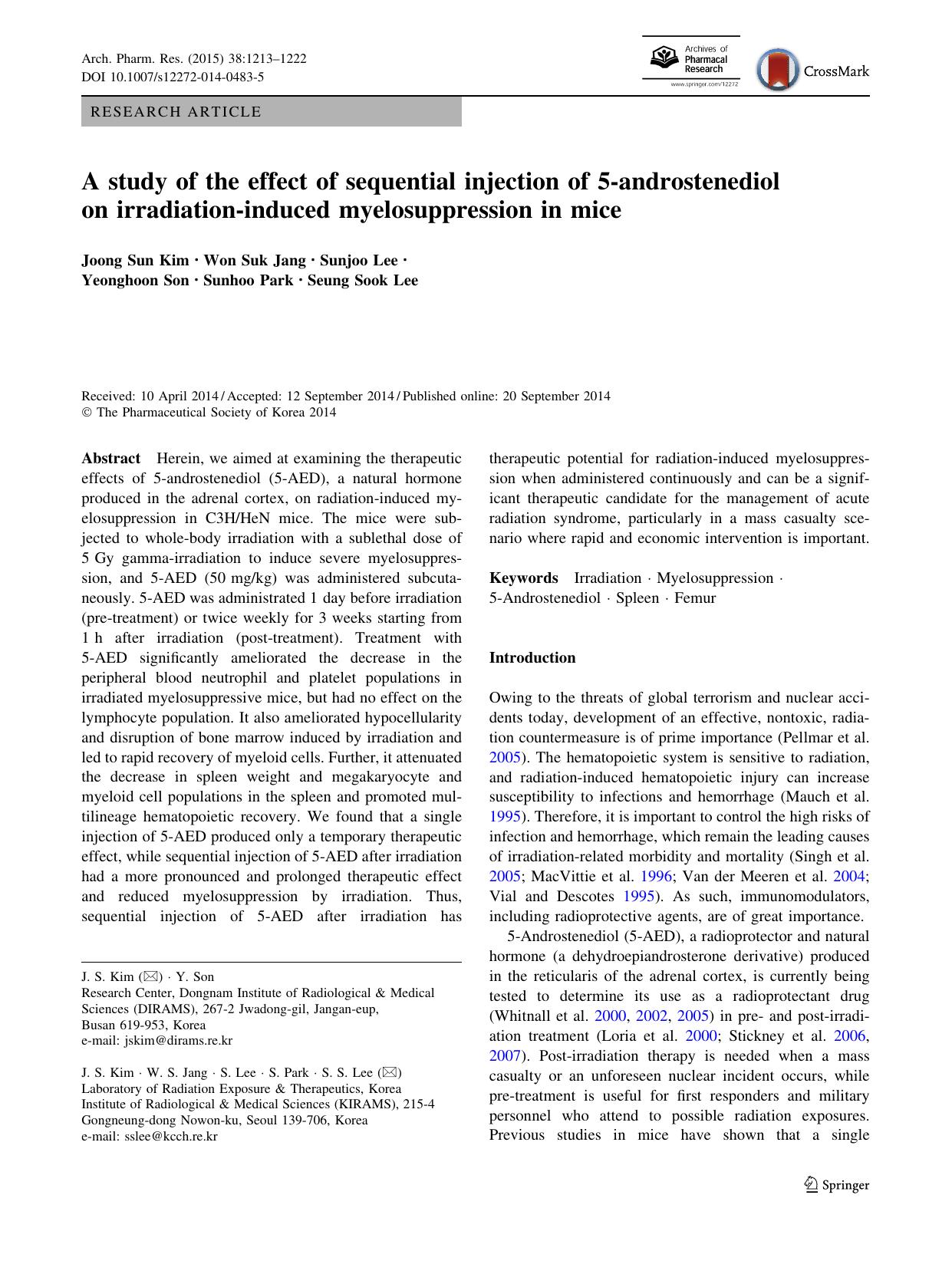 A study of the effect of sequential injection of 5-androstenediol on irradiation-induced myelosuppression in mice by Joong Sun Kim & Won Suk Jang & Sunjoo Lee & Yeonghoon Son & Sunhoo Park & Seung Sook Lee