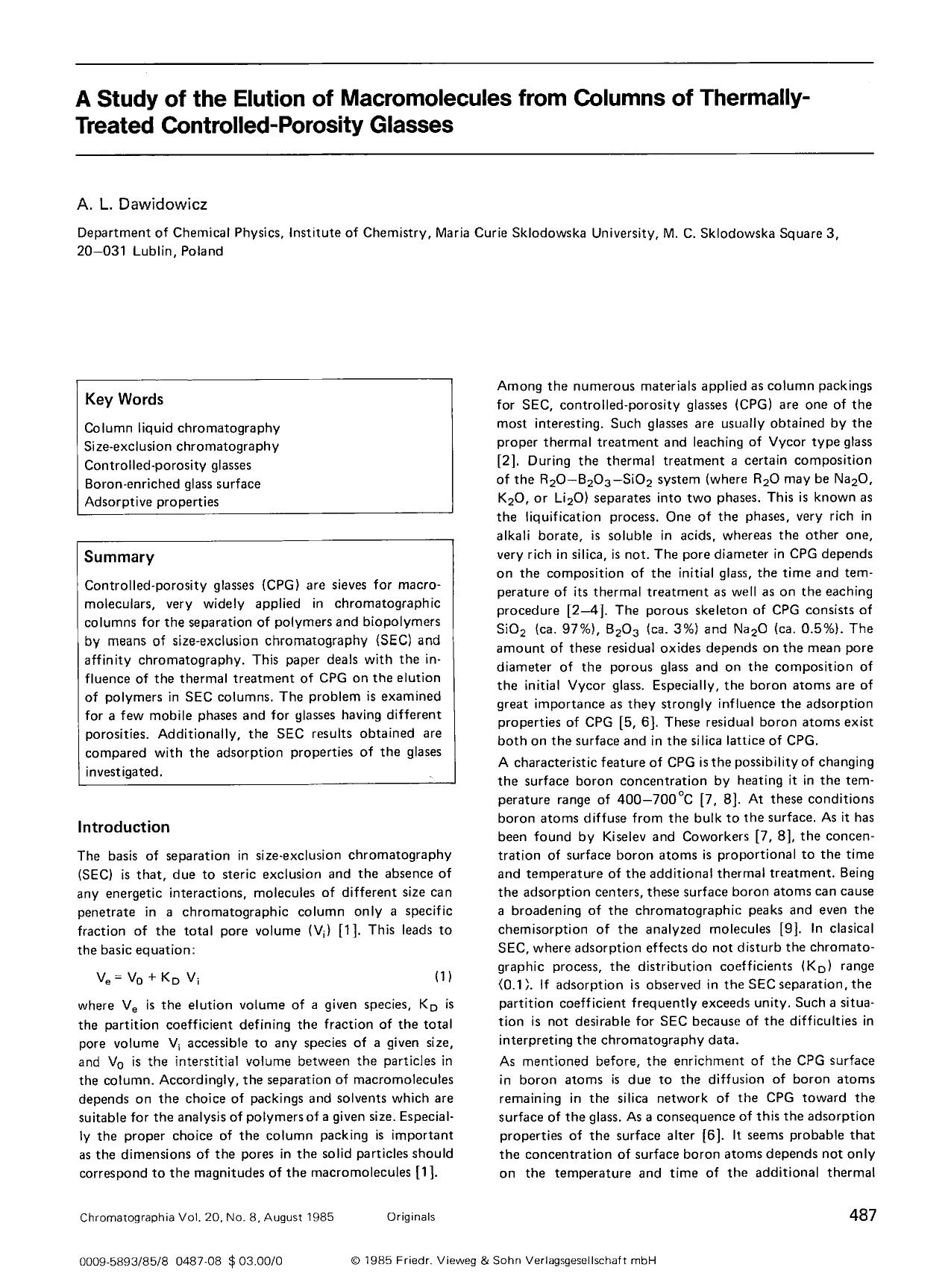 A study of the elution of macromolecules from columns of thermally-treated controlled-porosity glasses by Unknown