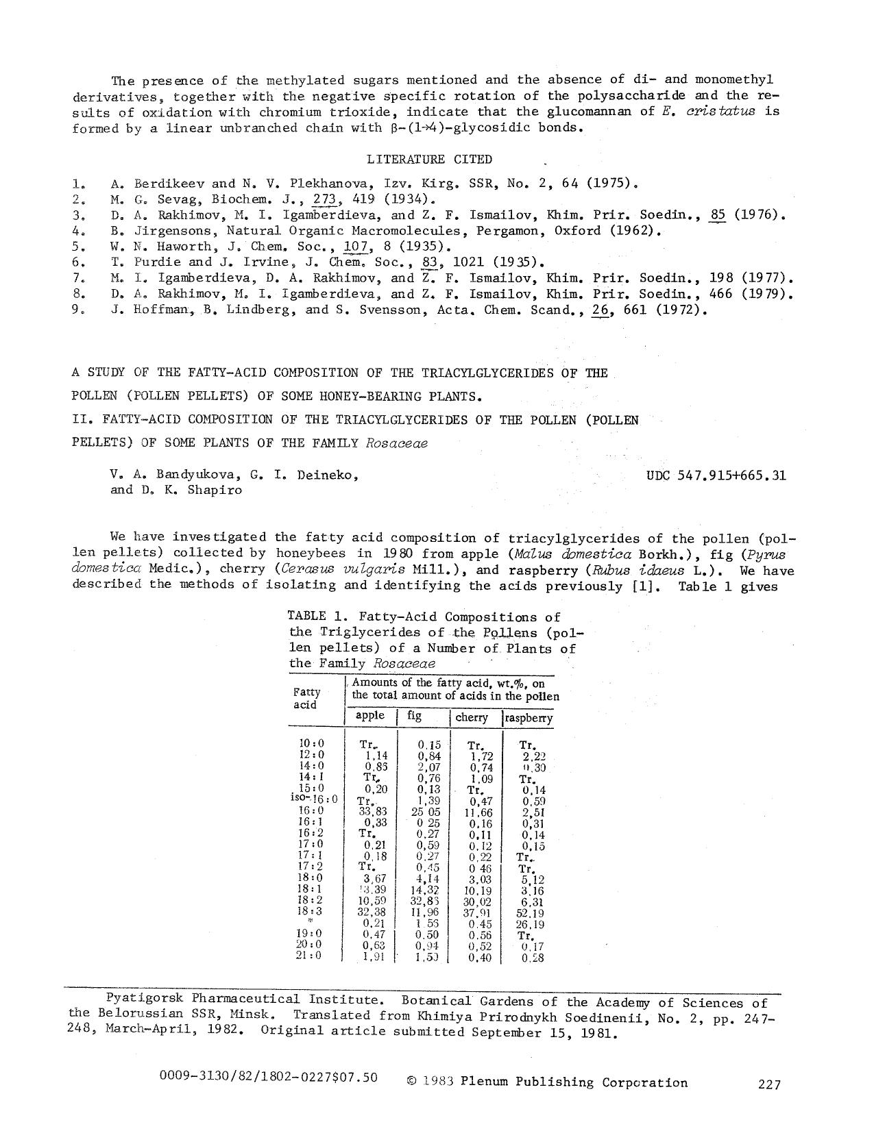 A study of the fatty-acid composition of the triacylglycerides of the pollen (pollen pellets) of some honey-bearing plants. II. Fatty-acid composition of the triacylglycerides of t by Unknown