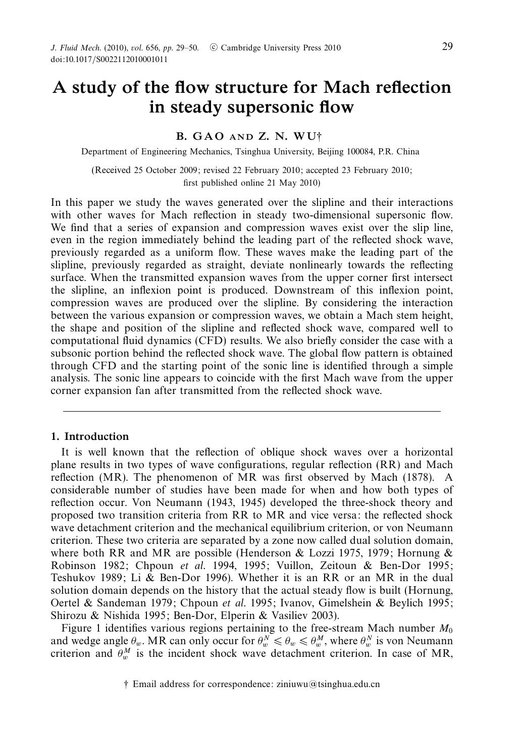 A study of the flow structure for Mach reflection in steady supersonic flow by B. GAO Z. N. WU