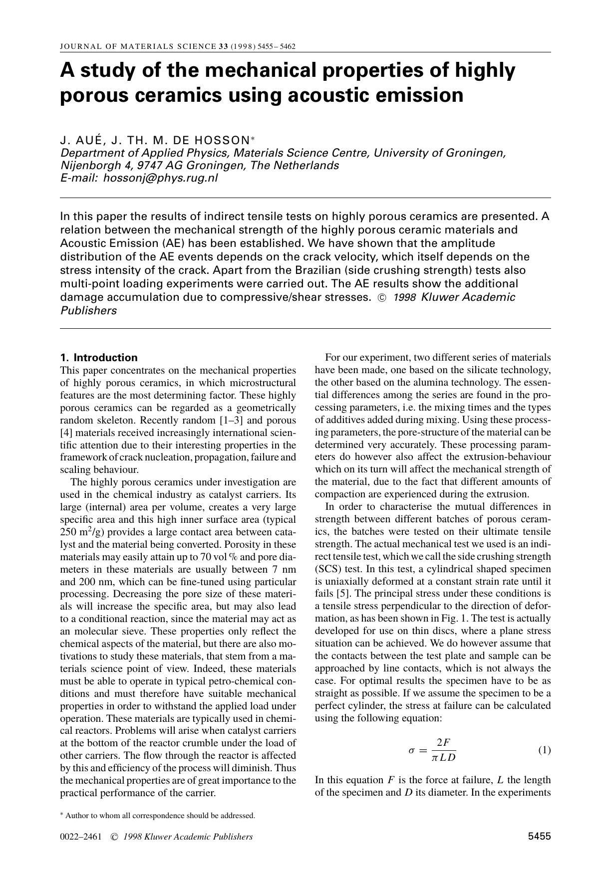 A study of the mechanical properties of highly porous ceramics using acoustic emission by Unknown