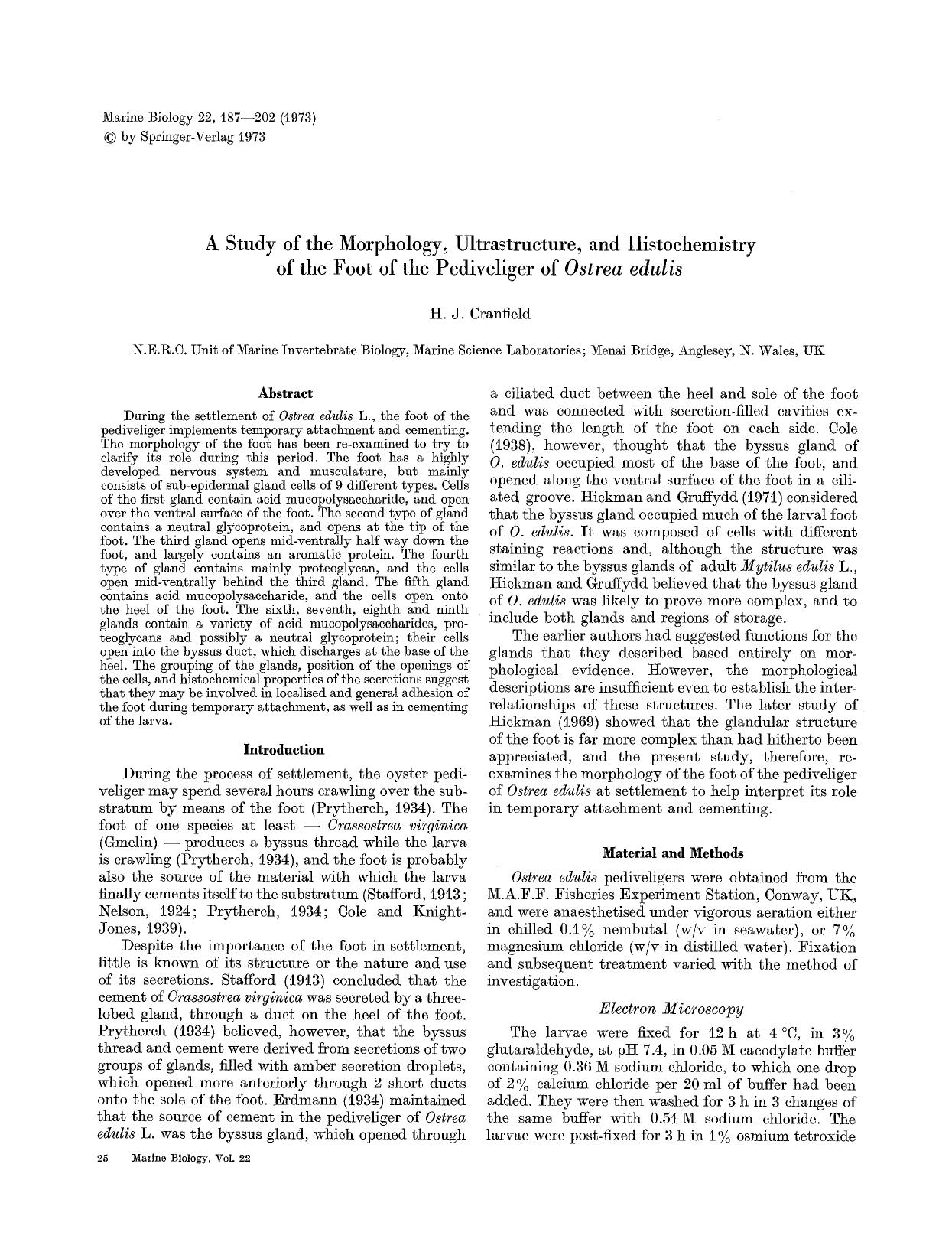 A study of the morphology, ultrastructure, and histochemistry of the food of the pediveliger of <Emphasis Type="Italic">Ostrea edulis<Emphasis> by Unknown