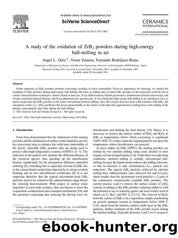 A study of the oxidation of ZrB2 powders during high-energy ball-milling in air by Angel L. Ortiz