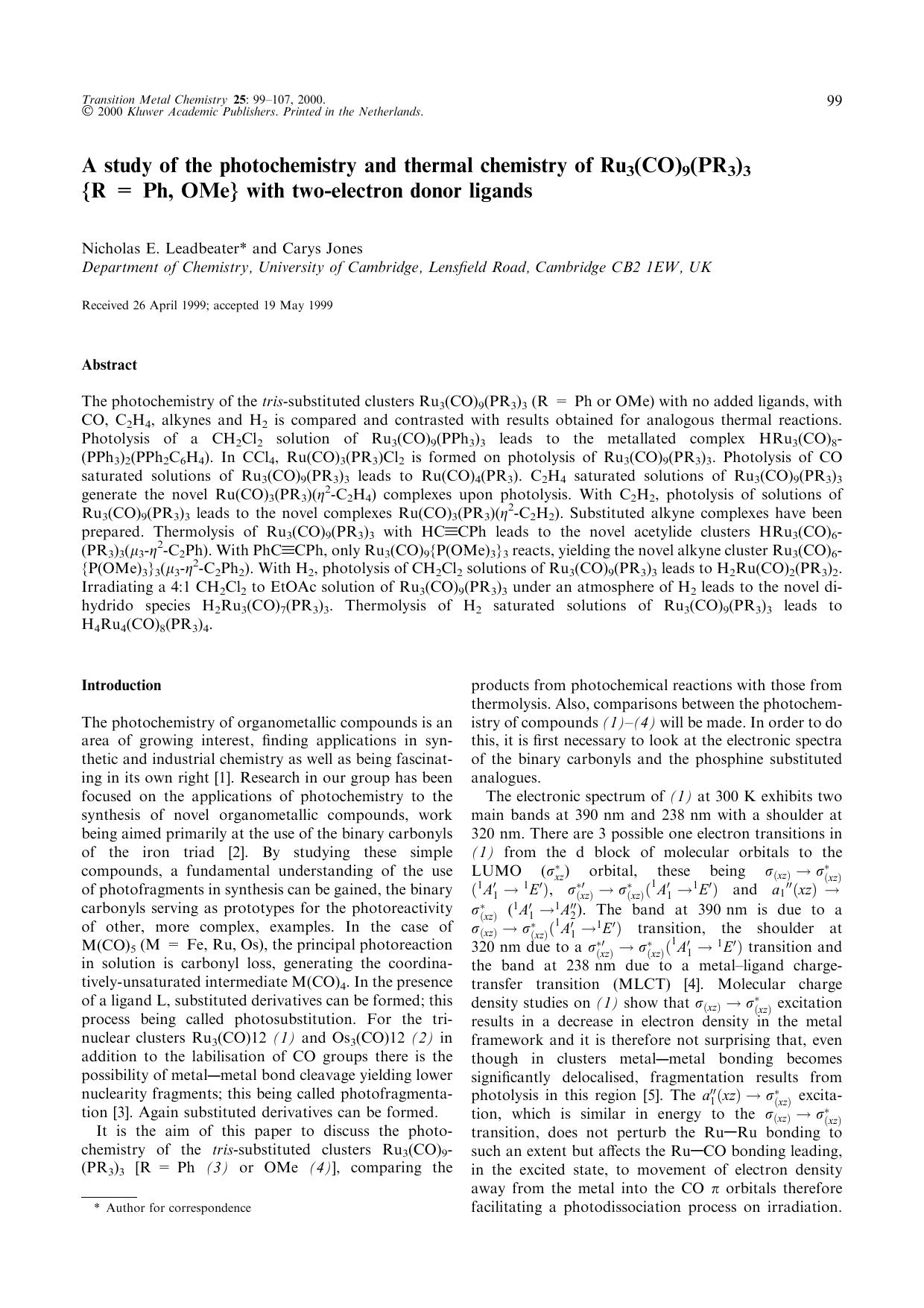 A study of the photochemistry and thermal chemistry of Ru<Subscript>3<Subscript>(CO)<Subscript>9<Subscript>(PR<Subscript>3<Subscript>)<Subscript>3<Subscript>{R&#x2009;=&#x2009;Ph, by Unknown