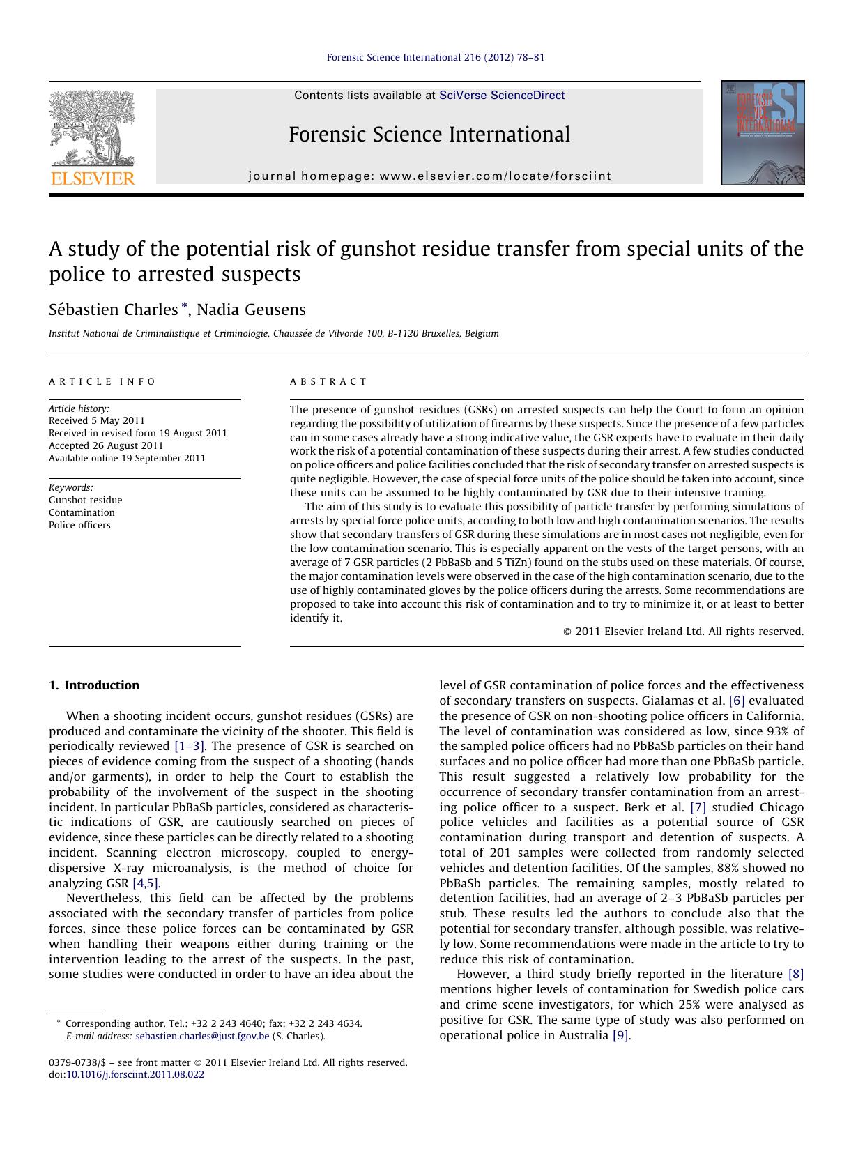 A study of the potential risk of gunshot residue transfer from special units of the police to arrested suspects by SÃ©bastien Charles