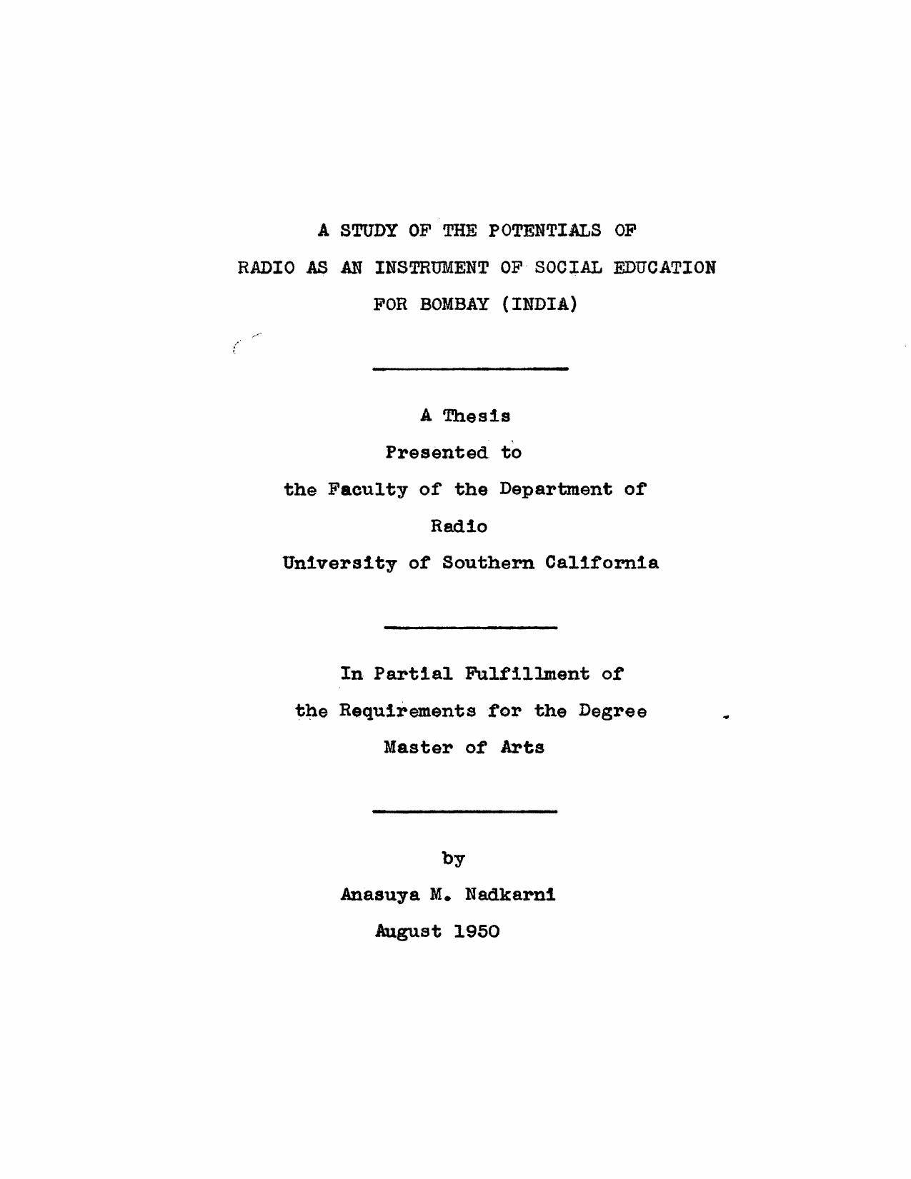 A study of the potentials of radio as an instrument of social education for Bombay (India) by Nadkarni Anasuya M