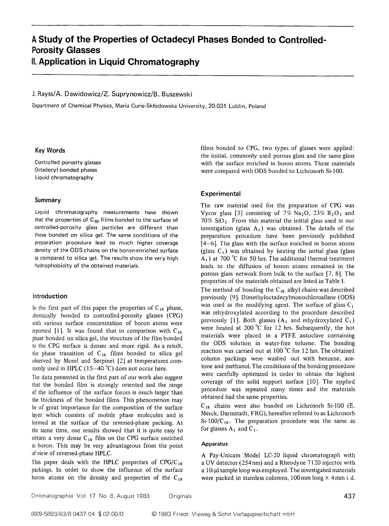 A study of the properties of octadecyl phases bonded to controlled-porosity glasses by Unknown
