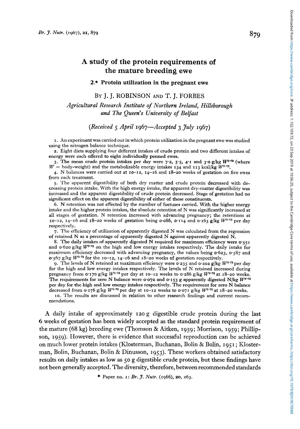 A study of the protein requirements of the mature breeding ewe by J. J. Robinson T. J. Forbes