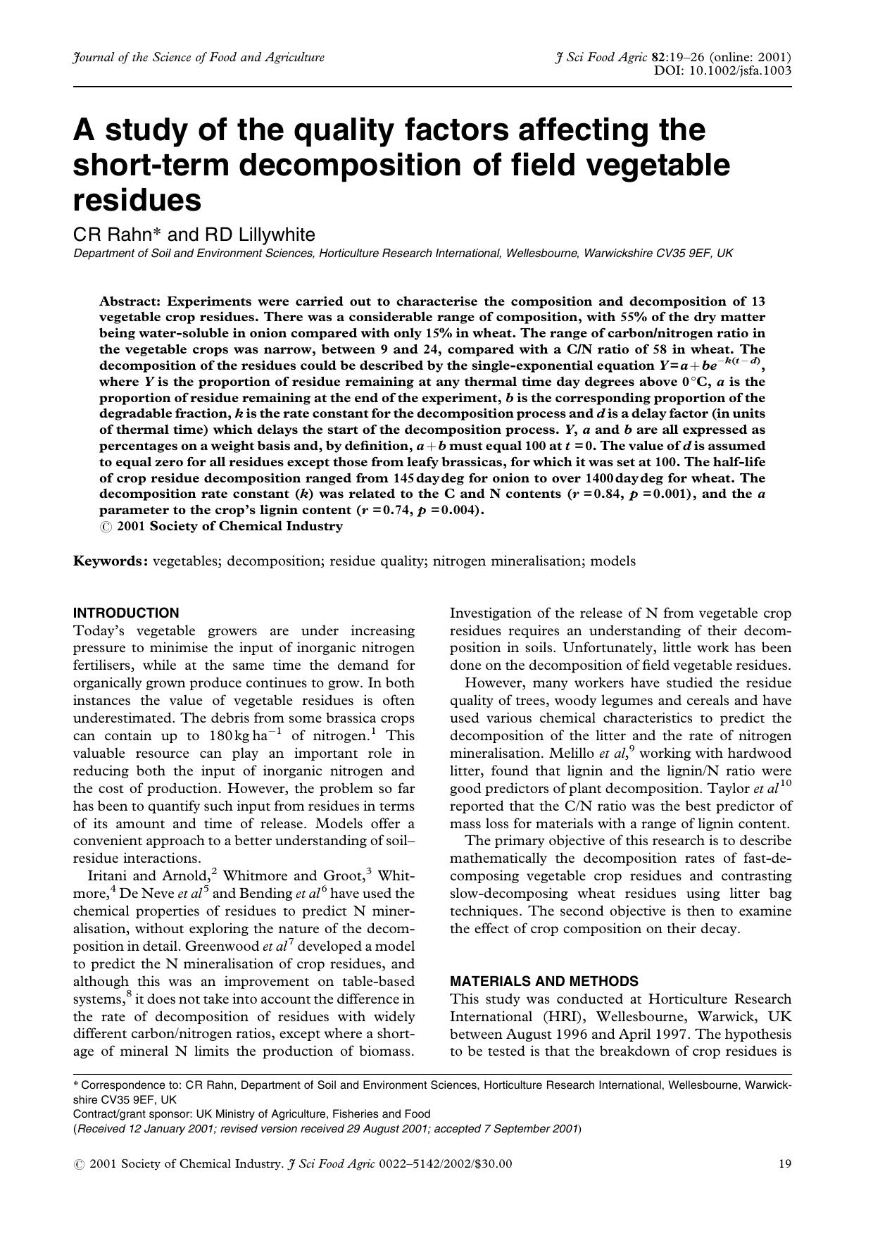 A study of the quality factors affecting the short-term decomposition of field vegetable residues by Unknown