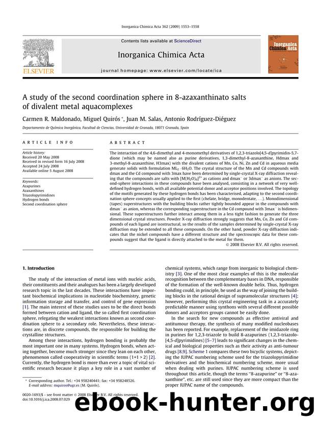 A study of the second coordination sphere in 8-azaxanthinato salts of divalent metal aquacomplexes by Carmen R. Maldonado; Miguel Quirós; Juan M. Salas; Antonio Rodríguez-Diéguez