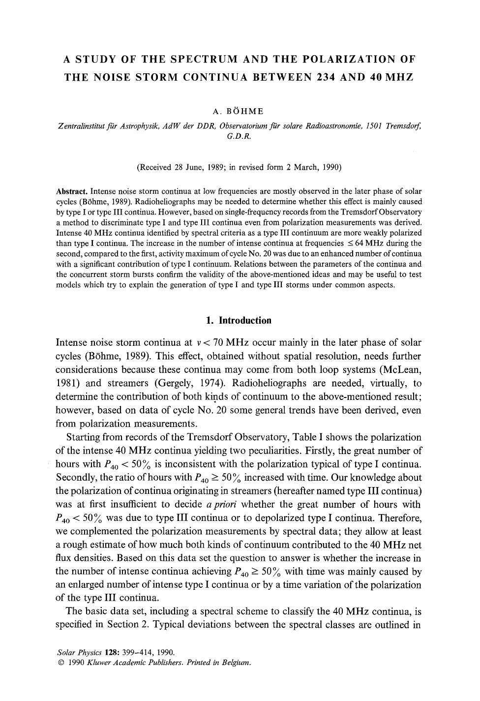 A study of the spectrum and the polarization of the noise storm continua between 234 and 40 MHz by Unknown