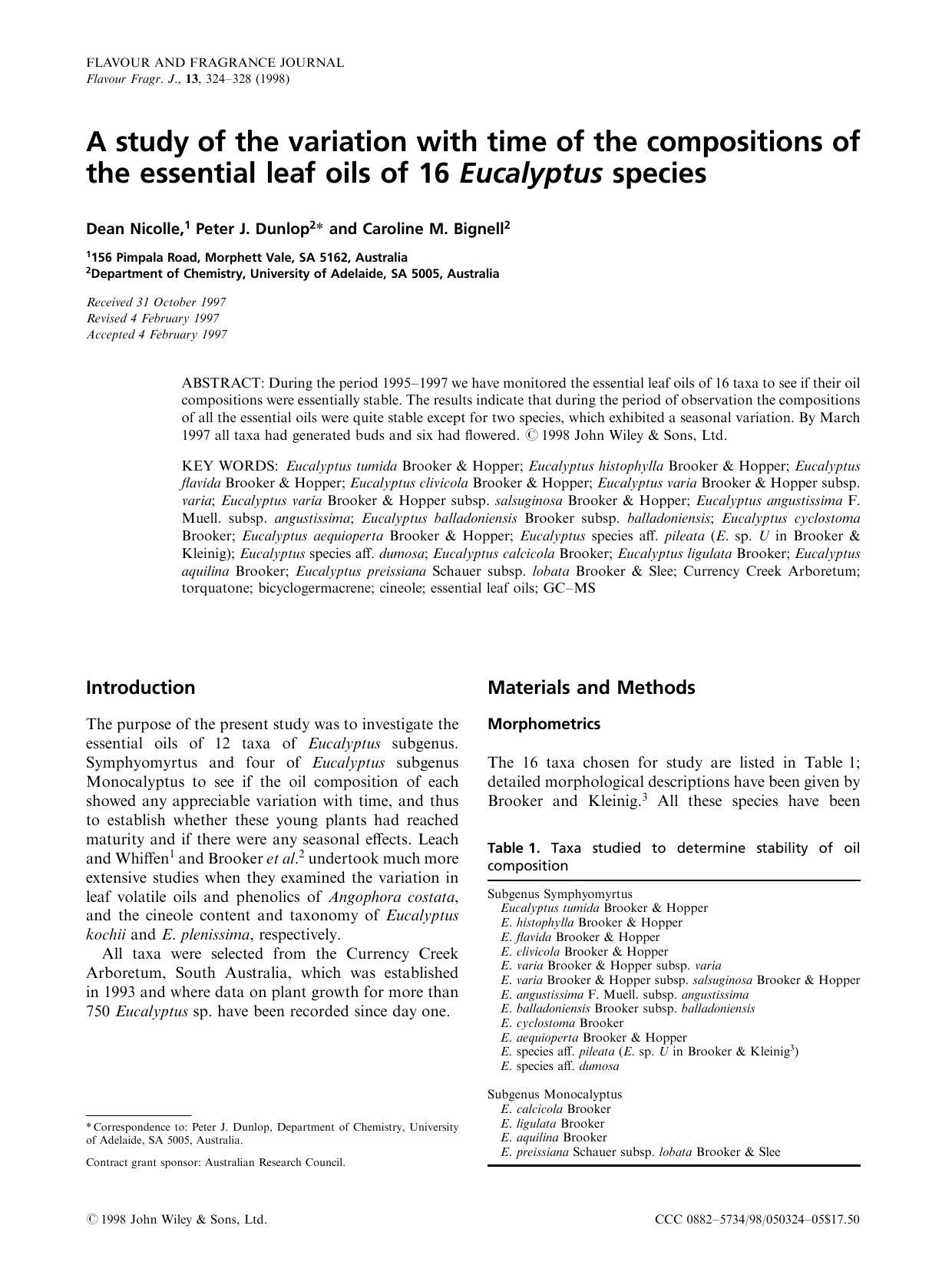 A study of the variation with time of the compositions of the essential leaf oils of 16 Eucalyptus species by Unknown