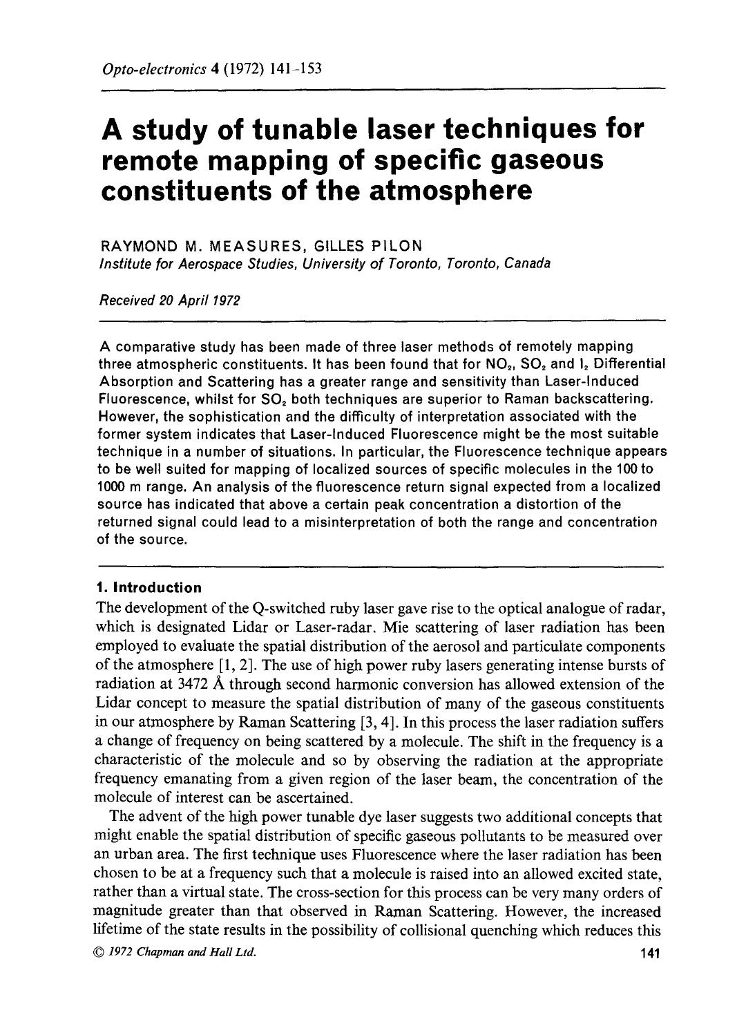 A study of tunable laser techniques for remote mapping of specific gaseous constituents of the atmosphere by Unknown