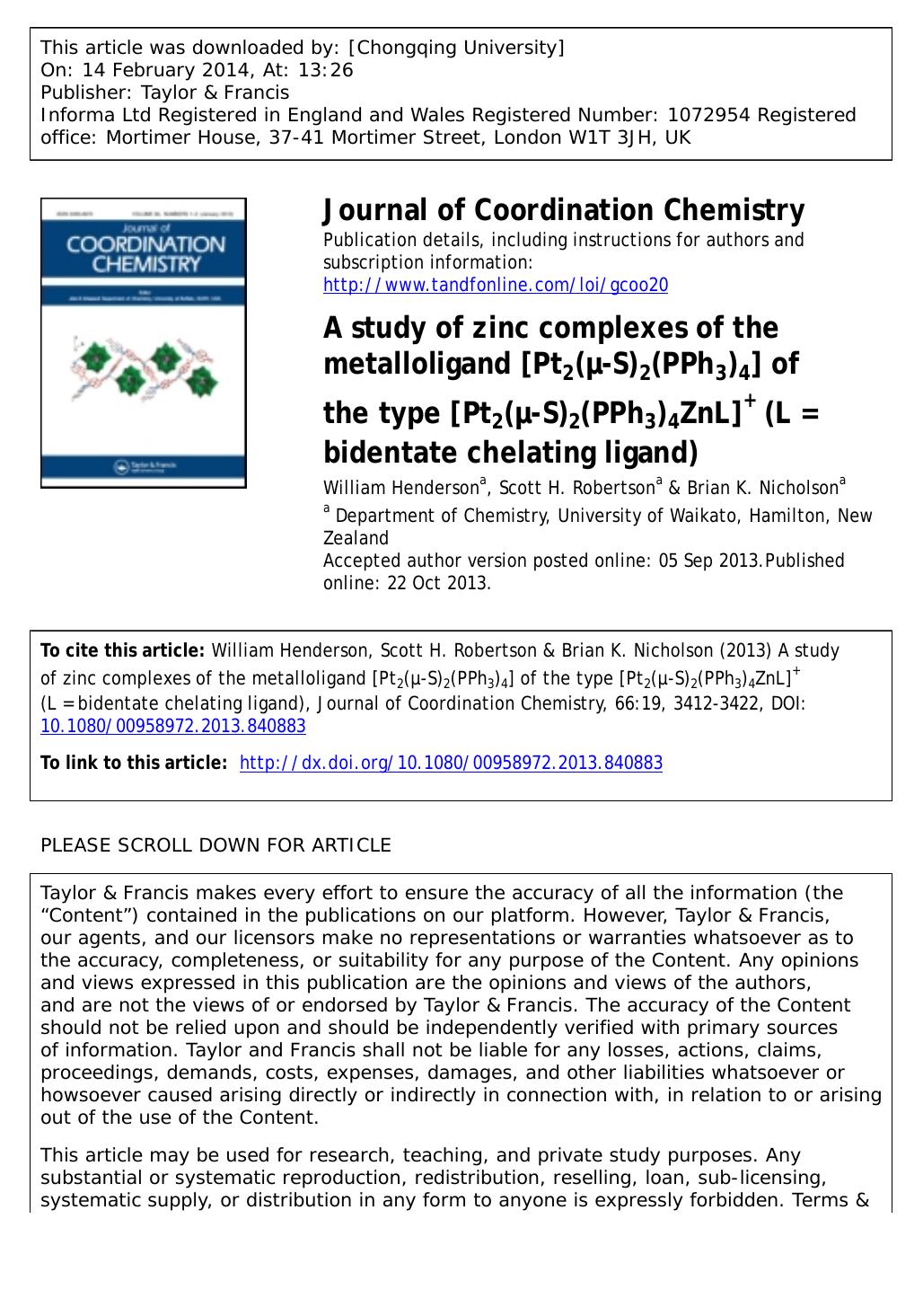 A study of zinc complexes of the metalloligand [Pt2(Î¼-S)2(PPh3)4] of the type [Pt2(Î¼-S)2(PPh3)4ZnL]+ (L = bidentate chelating ligand) by William Henderson & Scott H. Robertson & Brian K. Nicholson