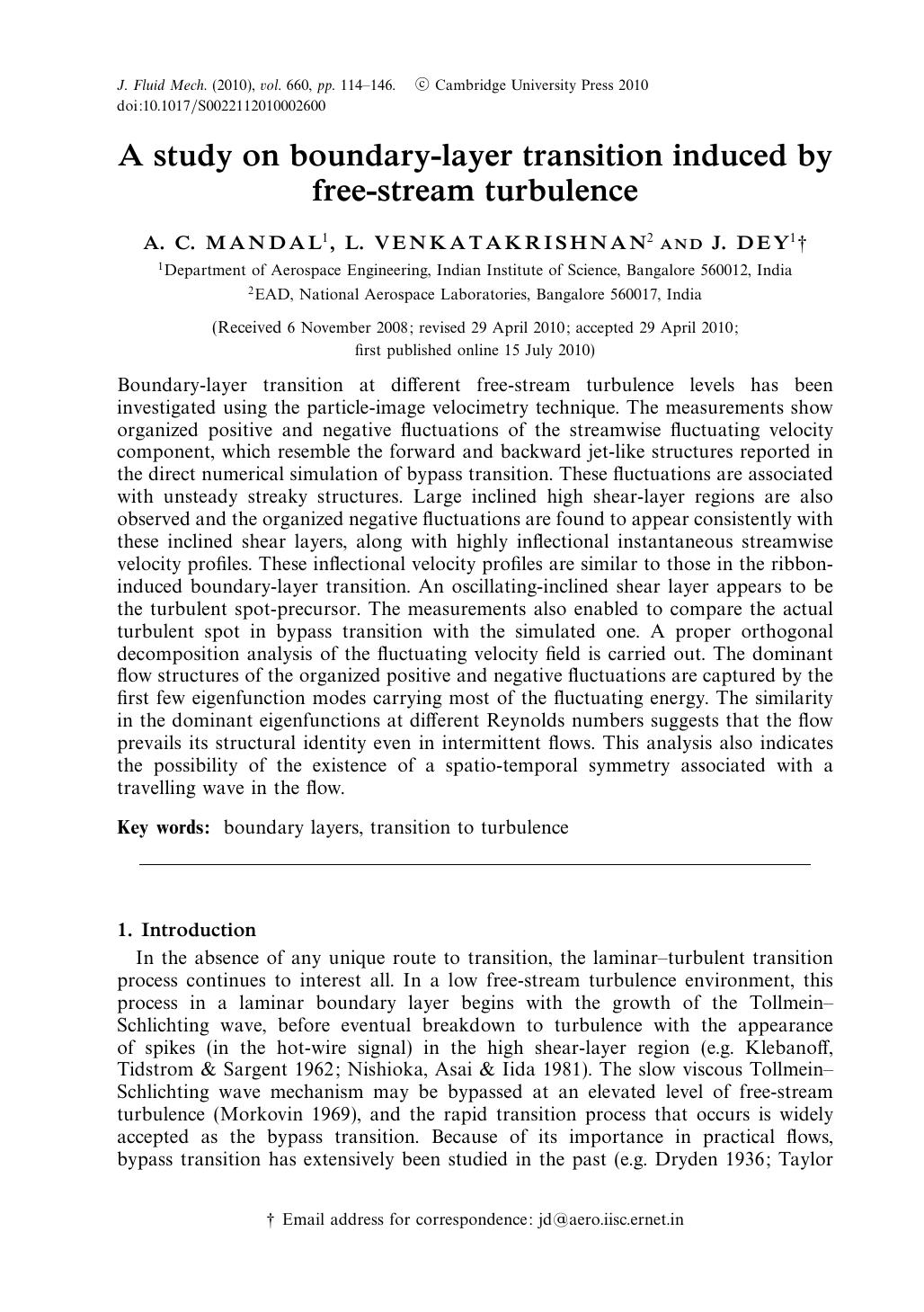 A study on boundary-layer transition induced by free-stream turbulence by A. C. MANDAL L. VENKATAKRISHNAN J. DEY