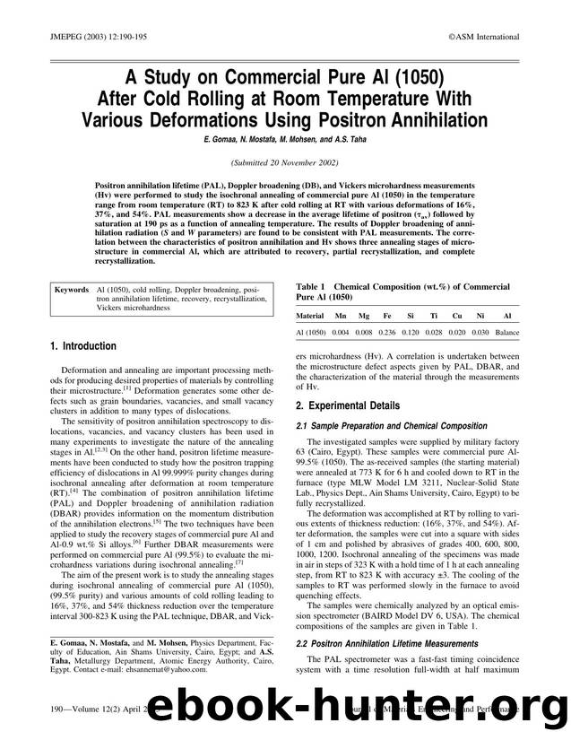 A study on commercial pure Al (1050) after cold rolling at room temperature with various deformations using positron annihilation by Unknown