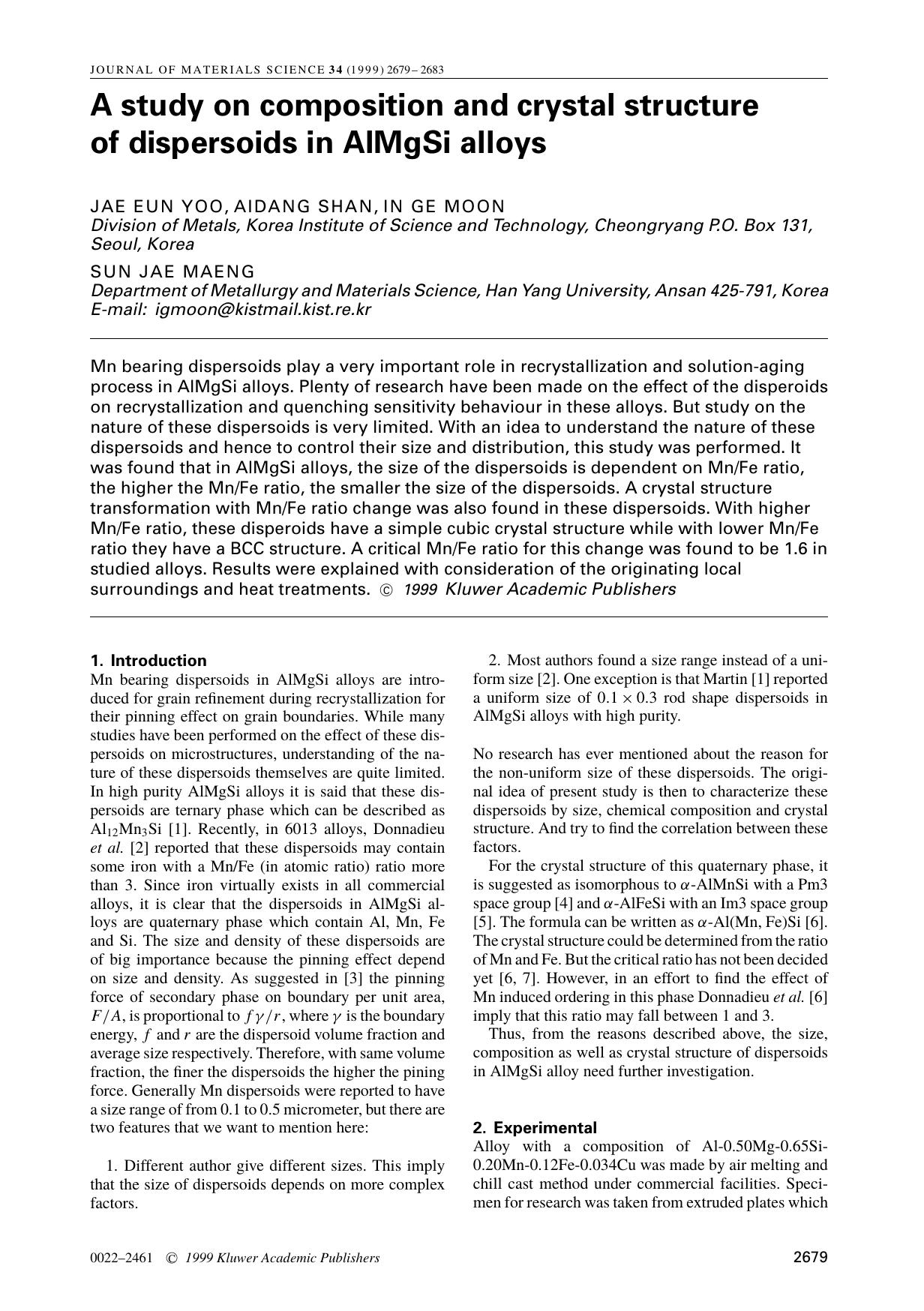 A study on composition and crystal structure of dispersoids in AlMgSi alloys by Unknown