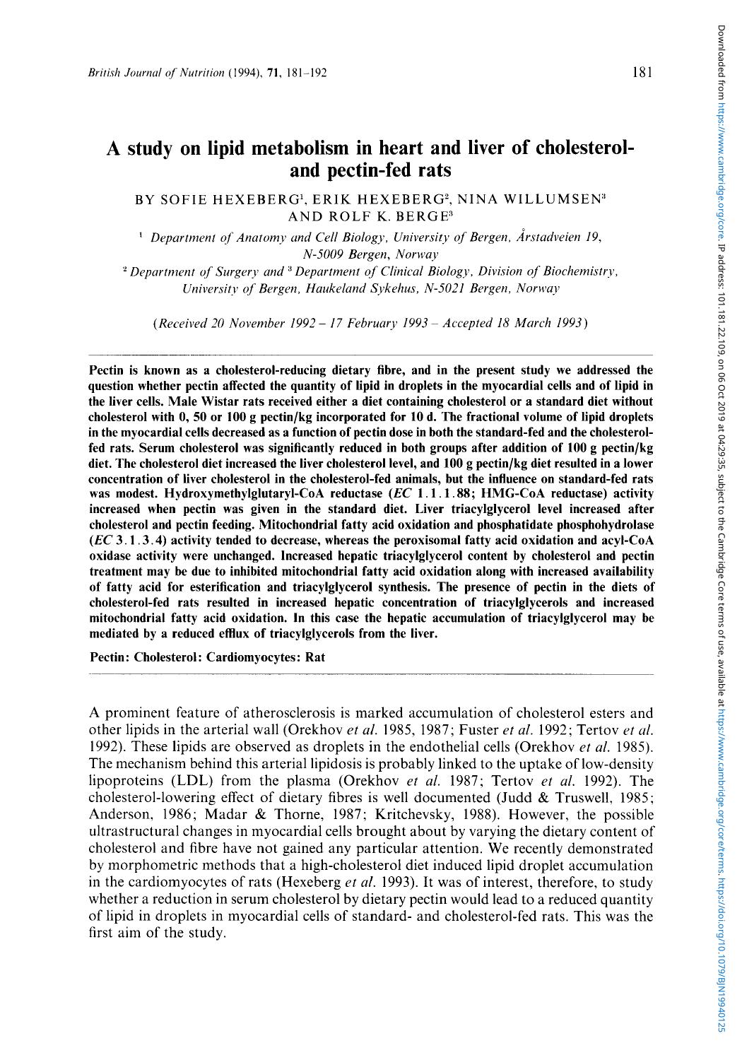 A study on lipid metabolism in heart and liver of cholesterol-and pectin-fed rats by Sofie Hexeberg Erik Hexeberg Nina Willumsen & Rolf K. Berge