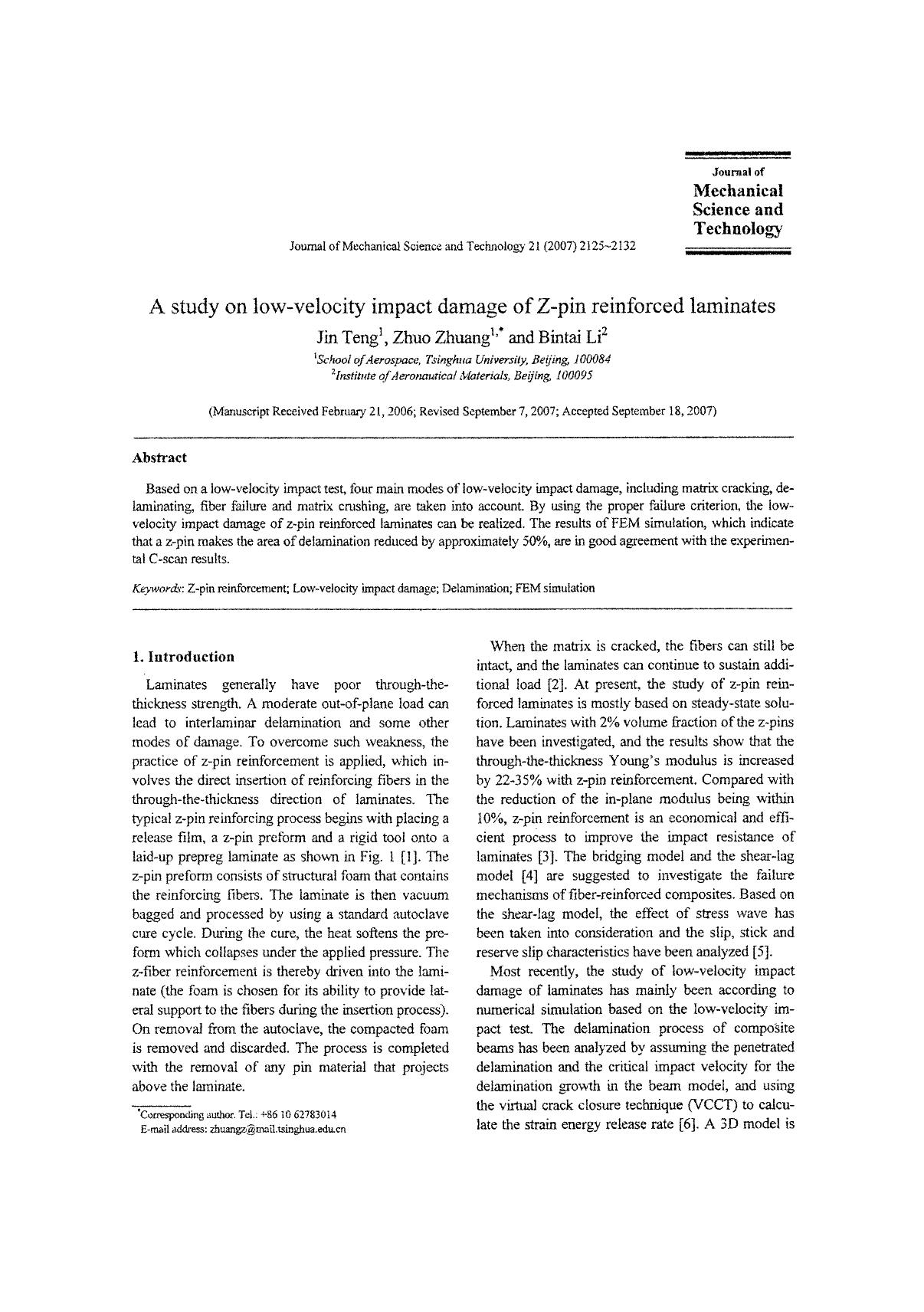 A study on low-velocity impact damage of Z-pin reinforced laminates by Unknown
