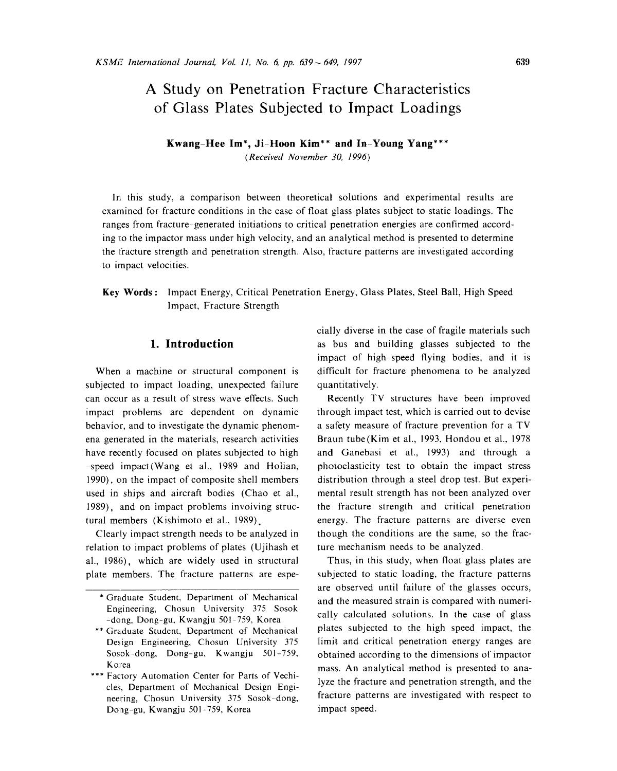 A study on penetration fracture characteristics of glass plates subjected to impact loadings by Unknown