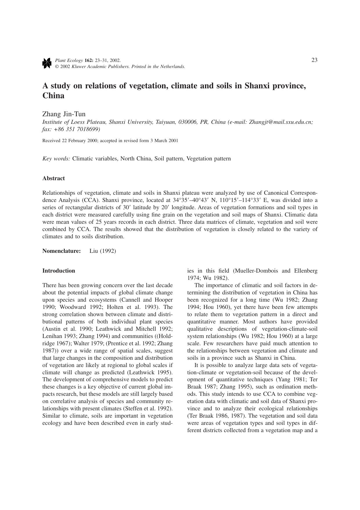 A study on relations of vegetation, climate and soils in Shanxi province, China by Unknown