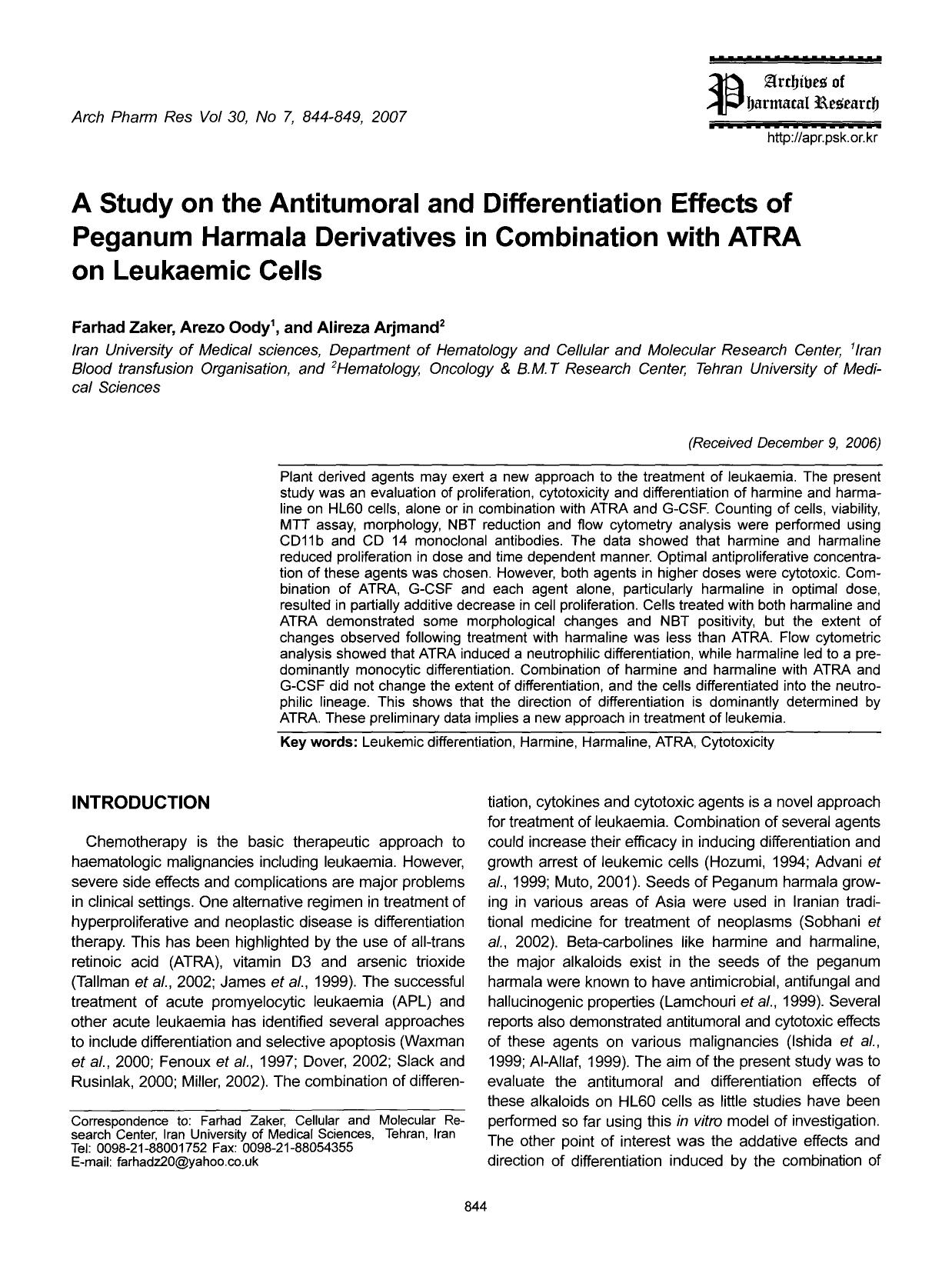 A study on the antitumoral and differentiation effects of peganum harmala derivatives in combination with atra on leukaemic cells by Unknown