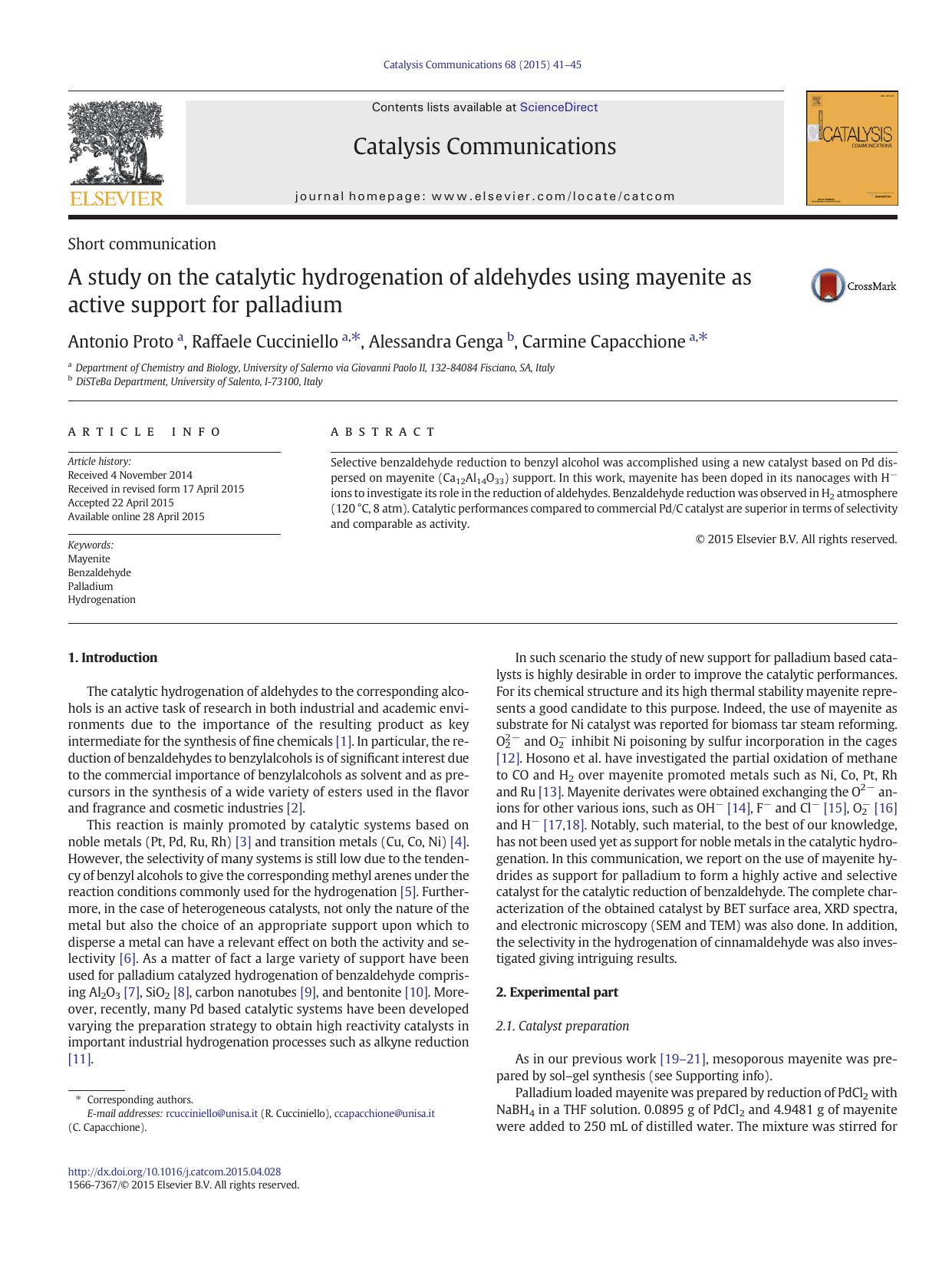 A study on the catalytic hydrogenation of aldehydes using mayenite as active support for palladium by Antonio Proto & Raffaele Cucciniello & Alessandra Genga & Carmine Capacchione