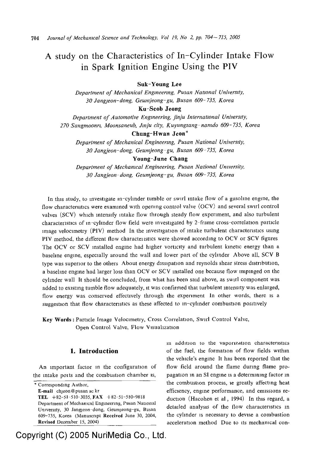 A study on the characteristics of in-cylinder intake flow in spark ignition engine using the PIV by Unknown
