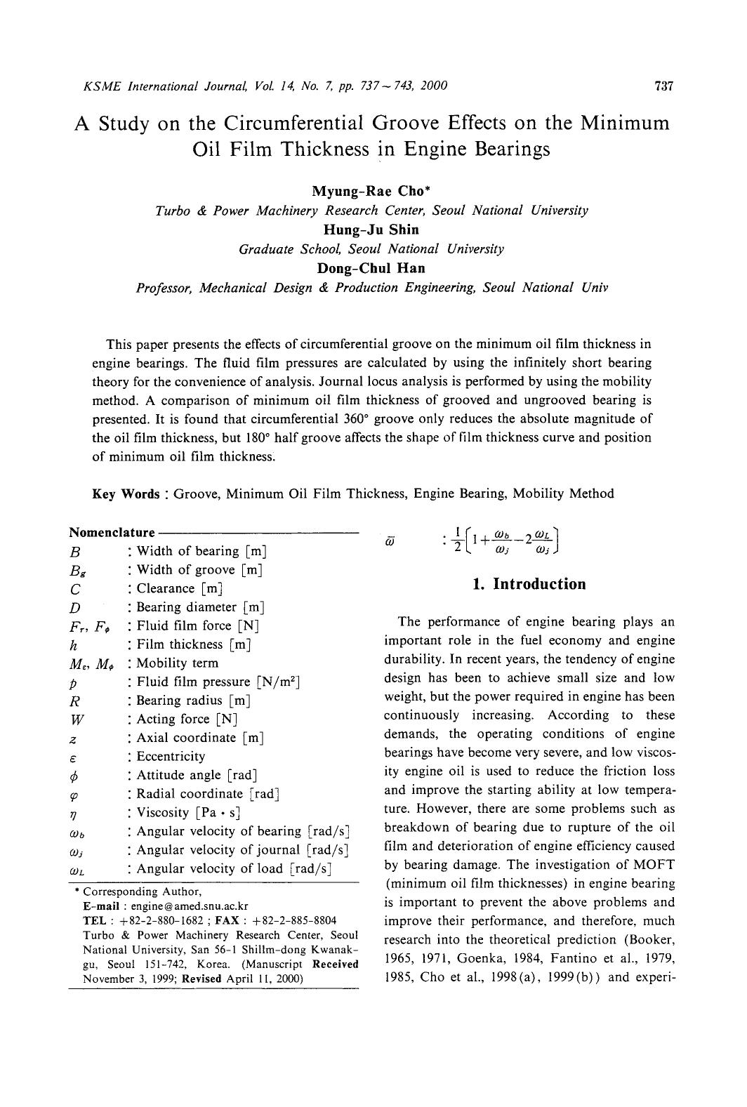 A study on the circumferential groove effects on the minimum oil film thickness in engine bearings by Unknown