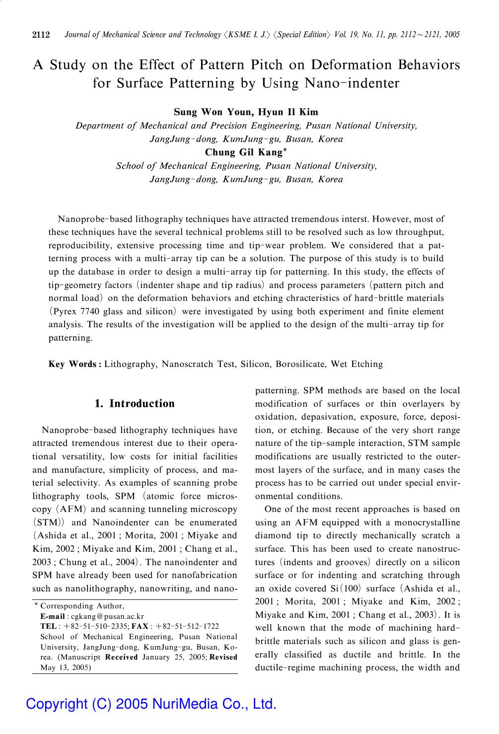A study on the effect of pattern pitch on deformation behaviors for surface patterning by using nano-indenter by Unknown