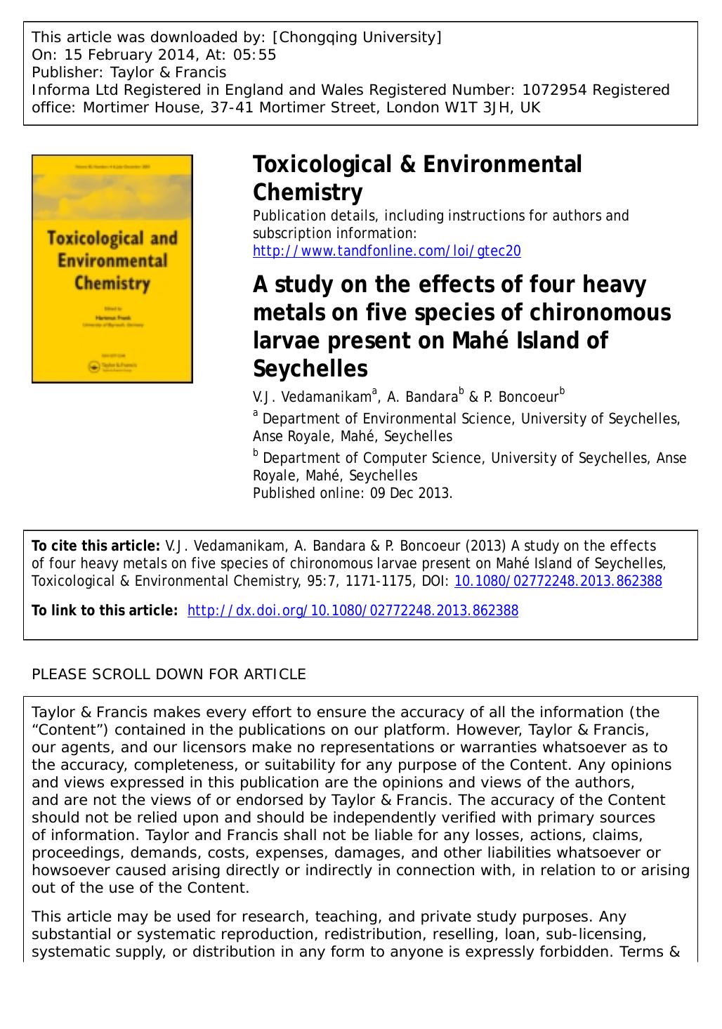 A study on the effects of four heavy metals on five species of chironomous larvae present on MahÃ© Island of Seychelles by V.J. Vedamanikam & A. Bandara & P. Boncoeur