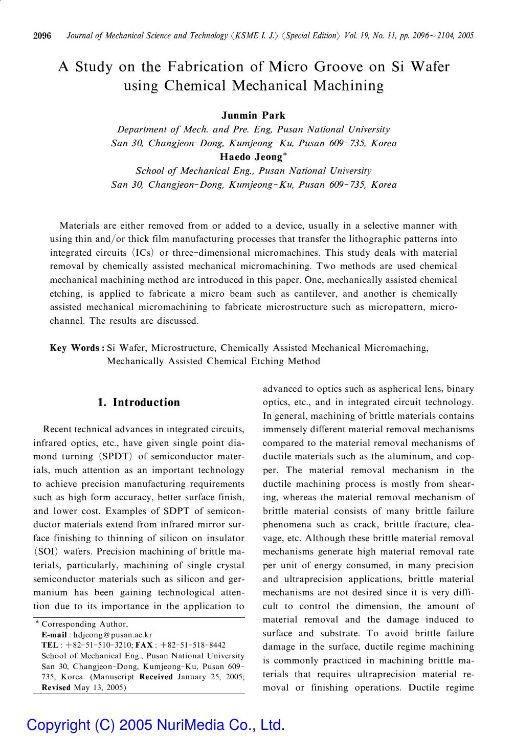 A study on the fabrication of micro groove on SI wafer using chemical mechanical machining by Unknown