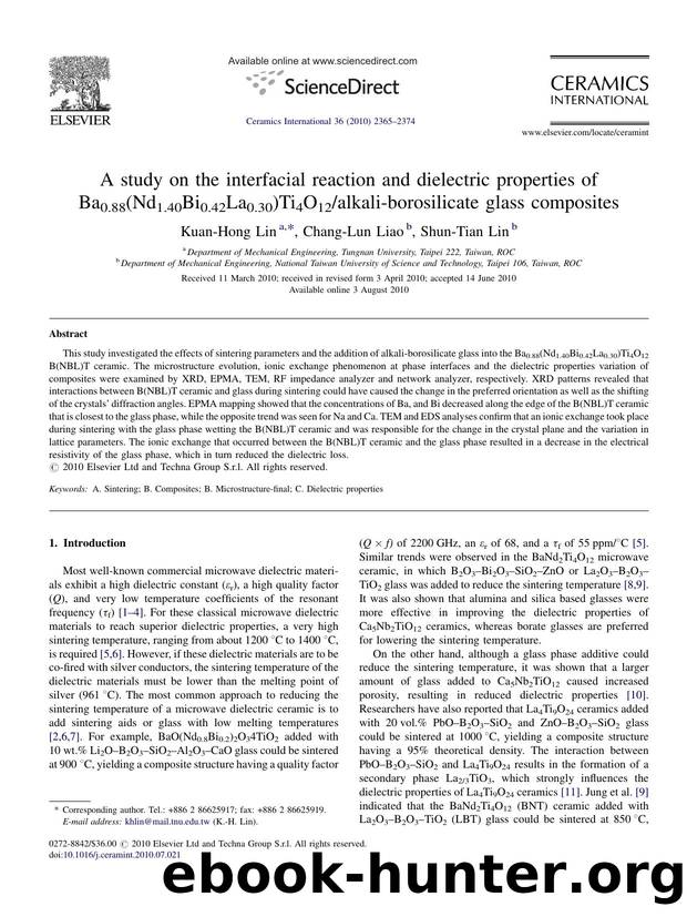 A study on the interfacial reaction and dielectric properties of Ba0.88(Nd1.40Bi0.42La0.30)Ti4O12alkali-borosilicate glass composites by Kuan-Hong Lin